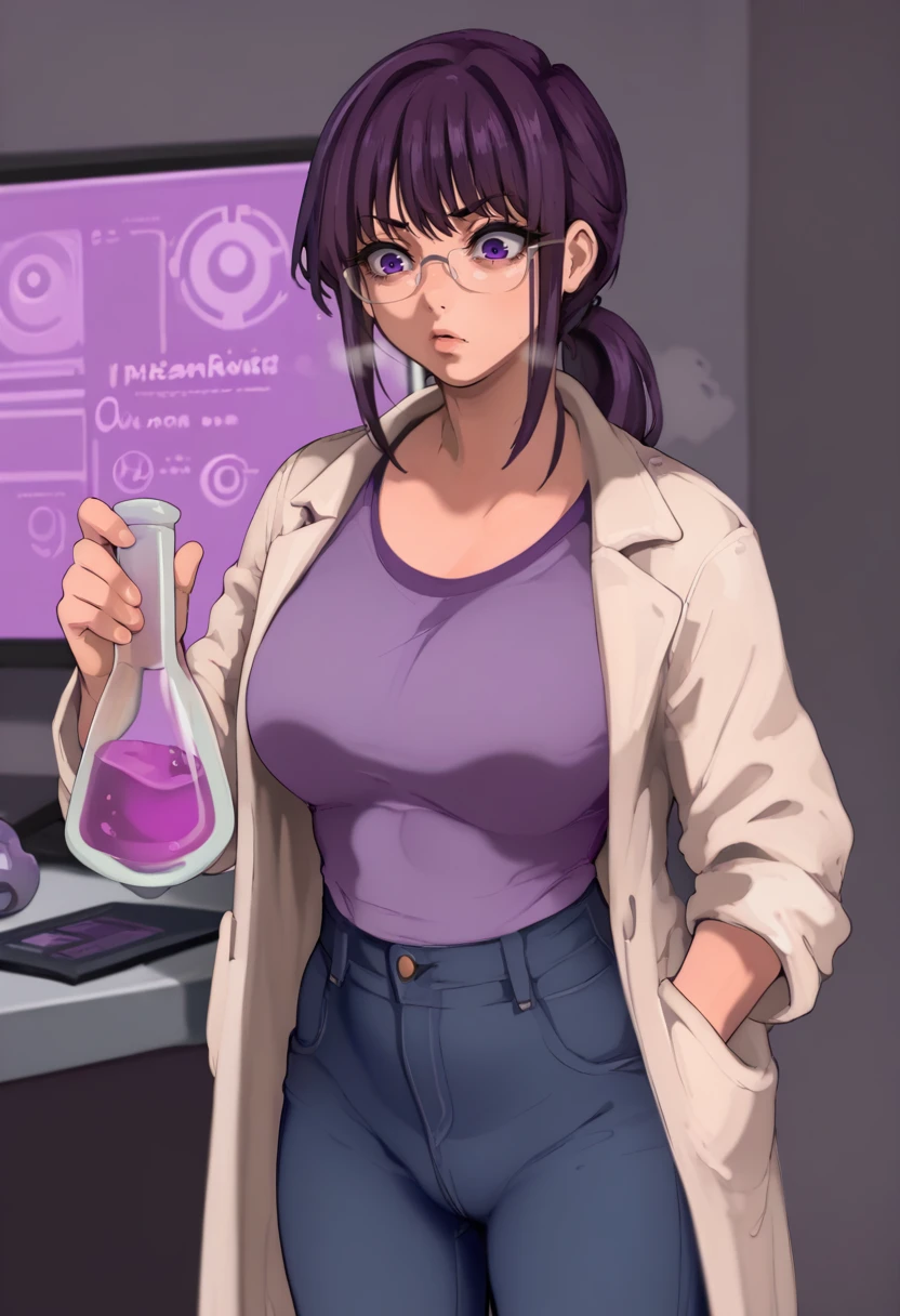 score_9, score_8_up, score_7_up, score_6_up, BREAK
A gorgeous woman: long purple ponytail, purple eyes, with glasses, wearing jeans a purple shirt, and a white lab coat, with futuristic tech around, curious expression, inquisitive face, holding a steaming flask, laboratory background, various computer screen in the background, <lora:PulenKompot-Mamimi Style-PonyXL:1> mamimi