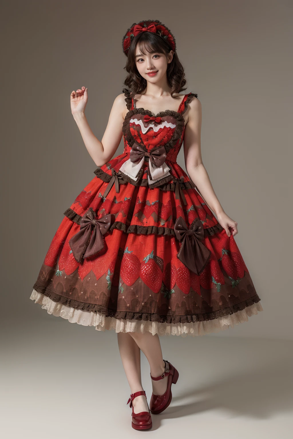 best quality,masterpiece,realistic,photorealistic,1girl,solo,looking at viewer,smile,standing,full body,arm up,cyb dress,layered dress,print dress,frilled dress,strawberry print,dress bow,bow,red shoes,grey simple background,<lora:lo_dress_vol3_style3_v1:0.6>,
