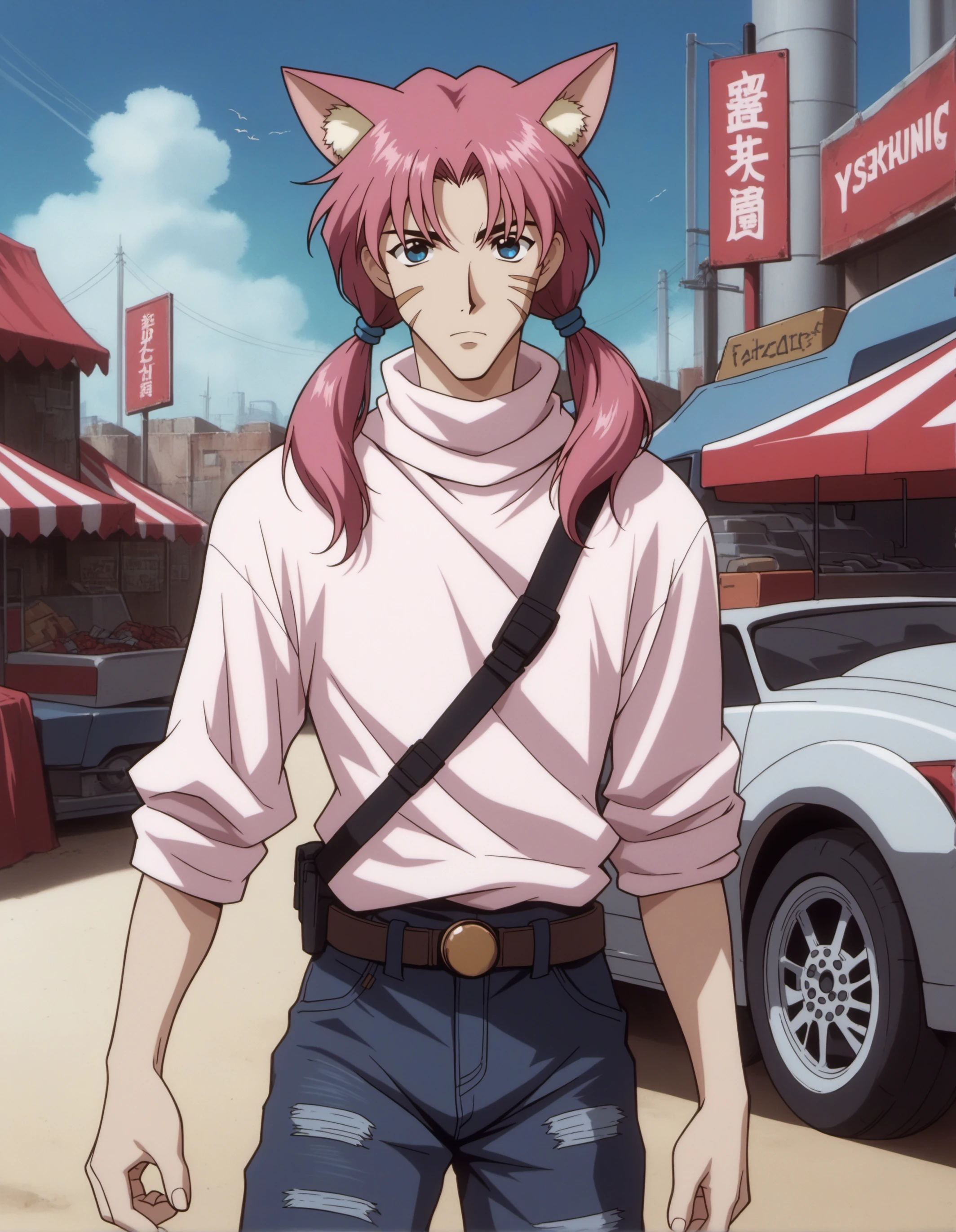 CZWBZP, (score_9, score_8_up, score_7_up, score_6_up, source_anime:0.7), solo, 1boy, catboy, blue eyes, color drain, twintails, pink hair, facial hair, scar, turtleneck sweater, blue jeans, ground vehicle, laser, cybernetic bazaar, black market cybernetic parts, illegal modifications, shady transactions, hidden identities, white animal ear fluff