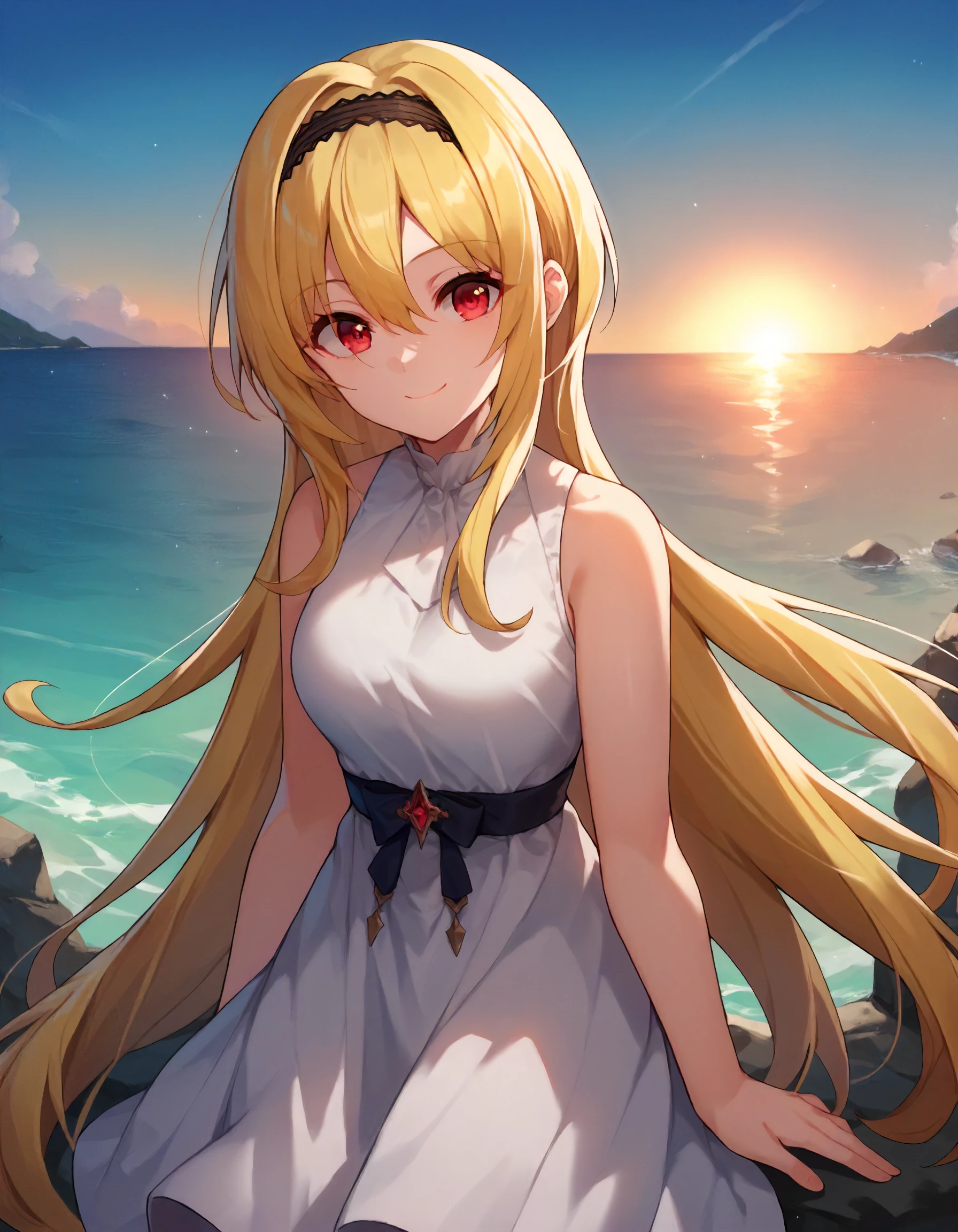 score_9, score_8_up,score_7_up,1girl,solo,looking at viewer,dynamic lighting,
<lora:kurosakichitose_ponyXLV6:0.7>,cgkct,red eyes,blonde hair,very long hair,hair between eyes,
smile,(shy:0.4),black hairband,
white casual dress,sleeveless,outdoors,blue sky,ocean