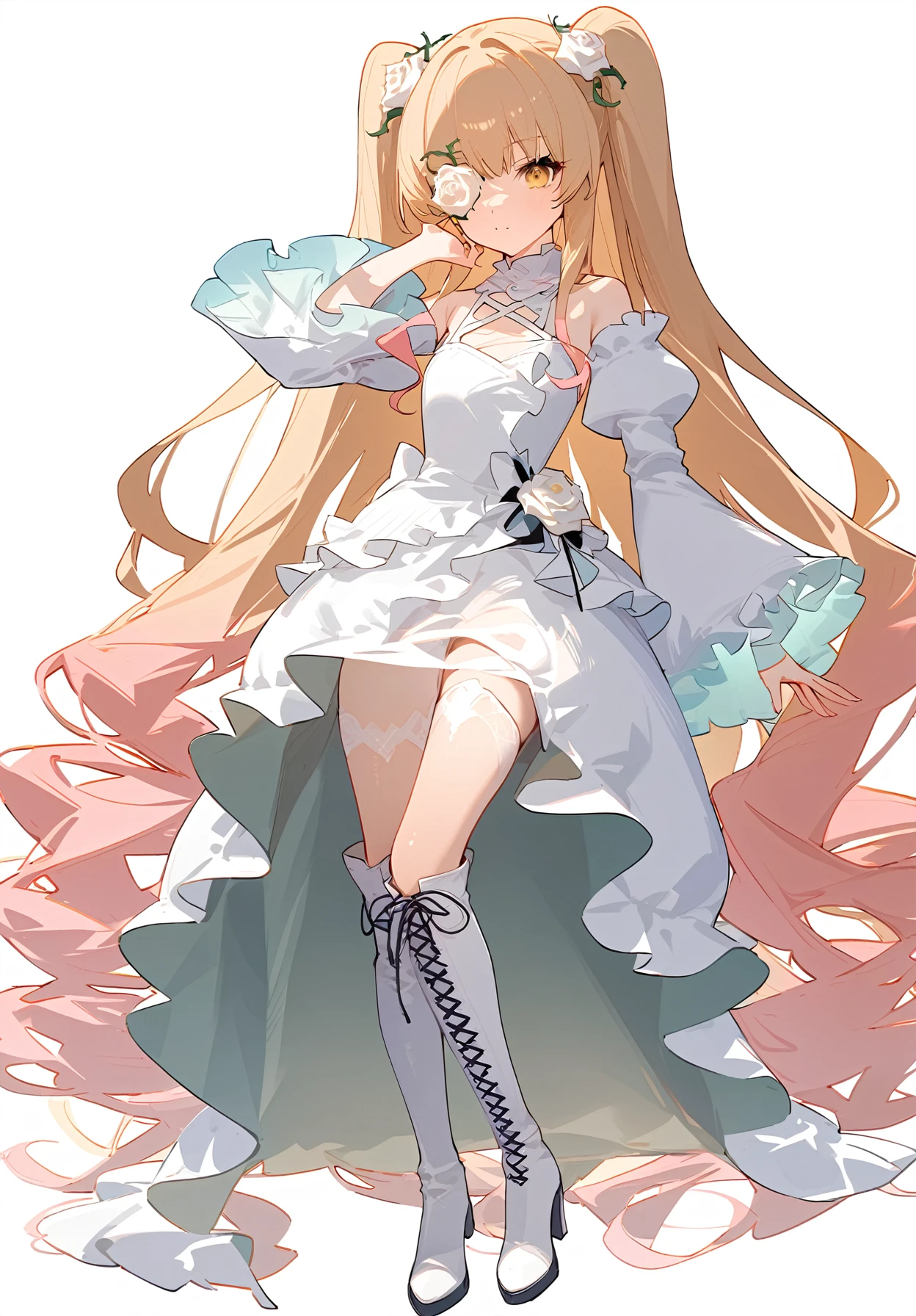 1girl,
kirakishou,
dress, rose, yellow eyes, blonde hair, eyepatch, very long hair, white footwear, frills, bare shoulders, high heel boots, frilled dress, two side up, pink hair, white rose, simple background, solo, white dress, flower over eye, white flower, long hair, knee boots, flower, frilled sleeves, long sleeves, thigh boots, looking at viewer, hair flower, full body, hair ornament, boots, detached sleeves, high heels, wide sleeves,
masterpiece, newest, absurdres, safe
<lora:a31_style_koni:1> <lora:2080ti_ag31_kirakishou-000055:1>