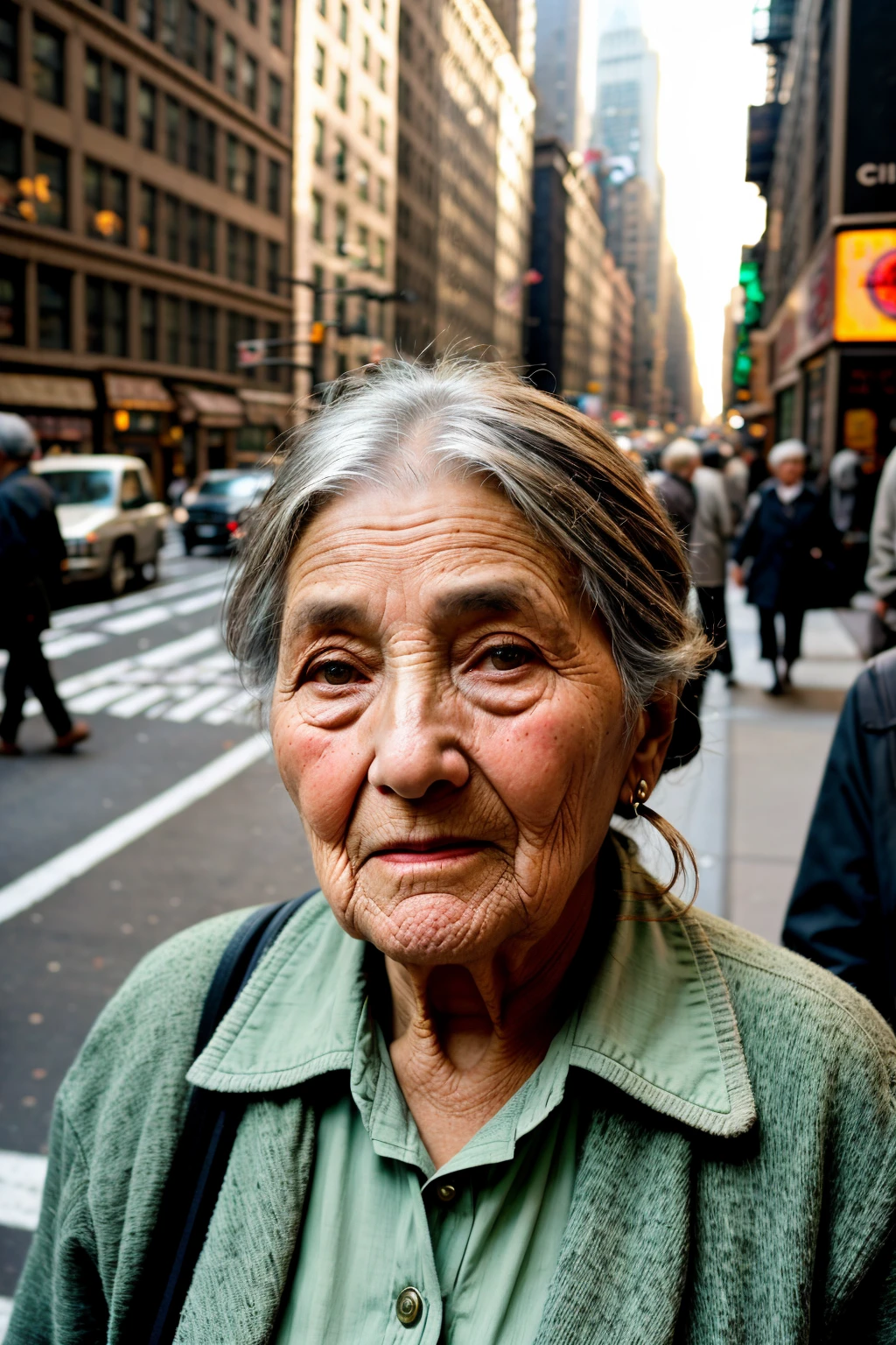 vintage style photo of (Sage old woman at bustling NYC street corner:1.2), Rule of thirds composition, Weathered features, Intricate wrinkles, (Expressive eyes:1.2), Crowded sidewalk, Urban backdrop, (Vivid city life:1.3), Natural lighting, Detailed textures, Subtle shadows. Retro, nostalgic, old-fashioned, timeless