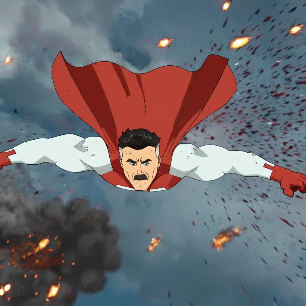 cinematic film still of  <lora:Invincible (TV series):0.4>
 <lora:detailed:0.4> detailed
 <lora:perfection style:0.4> perfect
 <lora:PerfectEyesXL:0.3>
 <lora:Omni-Man v2:0.9> red white outfit
Omni-Man a man  is in front of a big exploding object with derbies flying around,anti-hero,antihero,omniman,solo,black hair,1boy,upper body,male focus,, shallow depth of field, vignette, highly detailed, high budget, bokeh, cinemascope, moody, epic, gorgeous, film grain, grainy