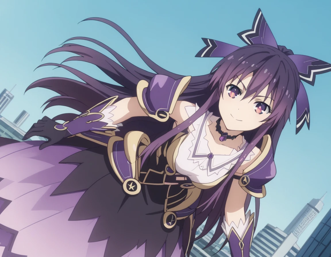 score_9, score_8_up, score_7_up, source_anime,
tookayatogami, <lora:tooka-yatogami-s4s5-ponyxl-lora-nochekaiser:1>,
tooka yatogami, hair ribbon, purple eyes, purple hair, long hair, ribbon,
armor, armored dress, choker, dress, gloves, pauldrons, shoulder armor,
outdoors, cityscape, bent over, smile,
looking at viewer, solo, cowboy shot, dutch angle,