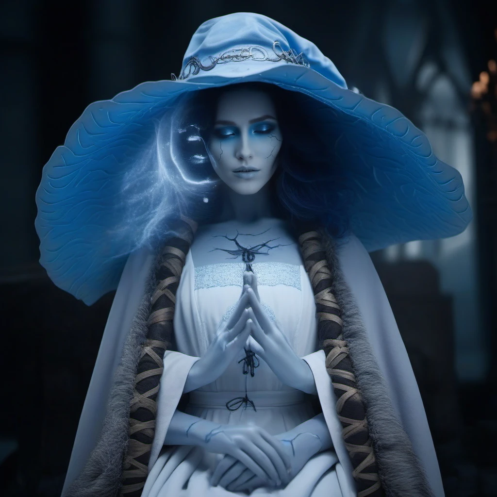 cinematic photo a woman with blue skin, extra faces, wears a hat, extra arms, cracked skin, dress, cloak, one eye closed and the other one opened <lora:Ranni1024:0.8> . 35mm photograph, film, bokeh, professional, 4k, highly detailed