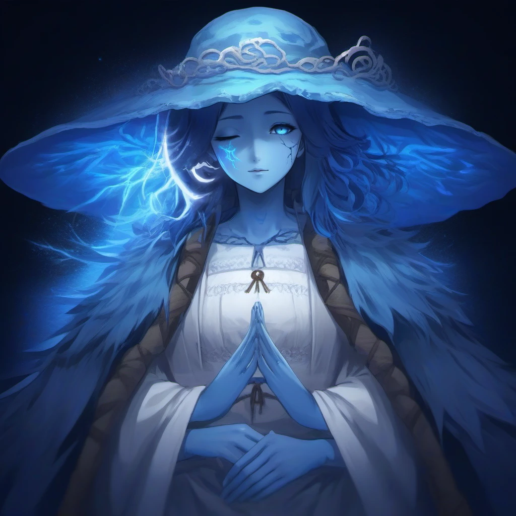 anime artwork a woman with blue skin, extra faces, wears a hat, extra arms, cracked skin, dress, cloak, one eye closed <lora:Ranni1024:0.8> . anime style, key visual, vibrant, studio anime, highly detailed