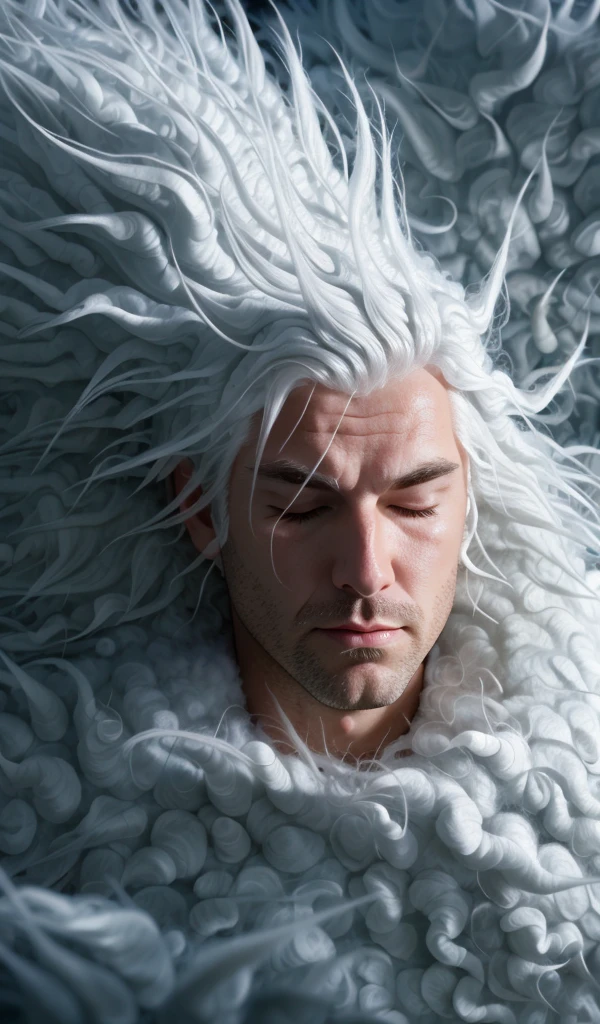 fluffx style, bio inspired cute portrait of an adult man made from white hair strands, eyes closed, white fluffy smoke clouds in background, storm wind