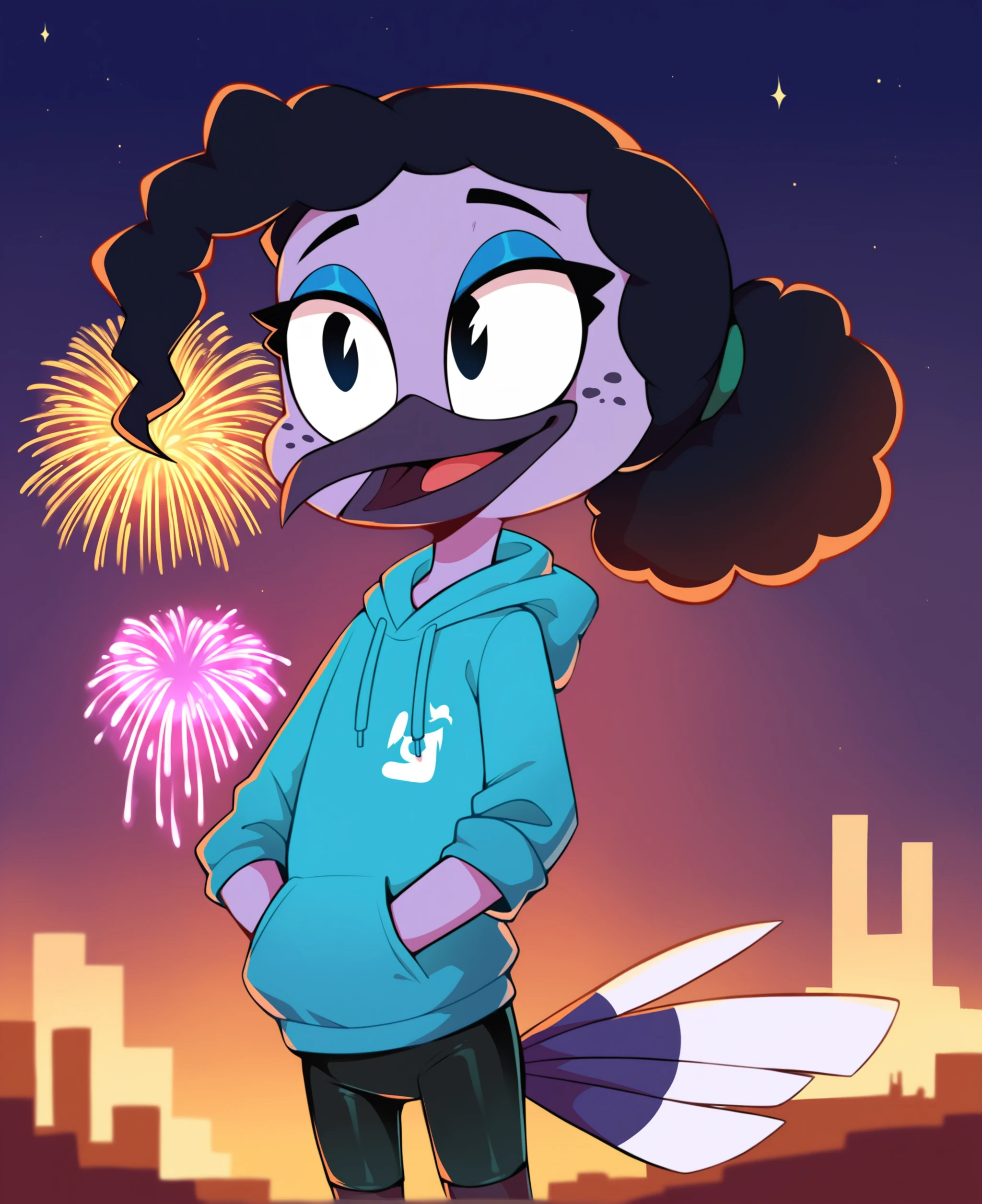 score_9, score_8_up, score_7_up, score_6_up, best quality, highres, source_furry, BREAK drocll BREAK
1girl, female, solo, furry,outside, night, fireworks, cityscape, female, avian, hummingbird, long beak, violet sabrewing, young, *****, purple skin, black hair, black eyes, curled hair, short hair, ponytail, wide eyed, black eyes, happy, freckles, blue eyeshadow, hoodie, hand in pocket, bike shorts <lora:Violet_Sabrewing:0.8>