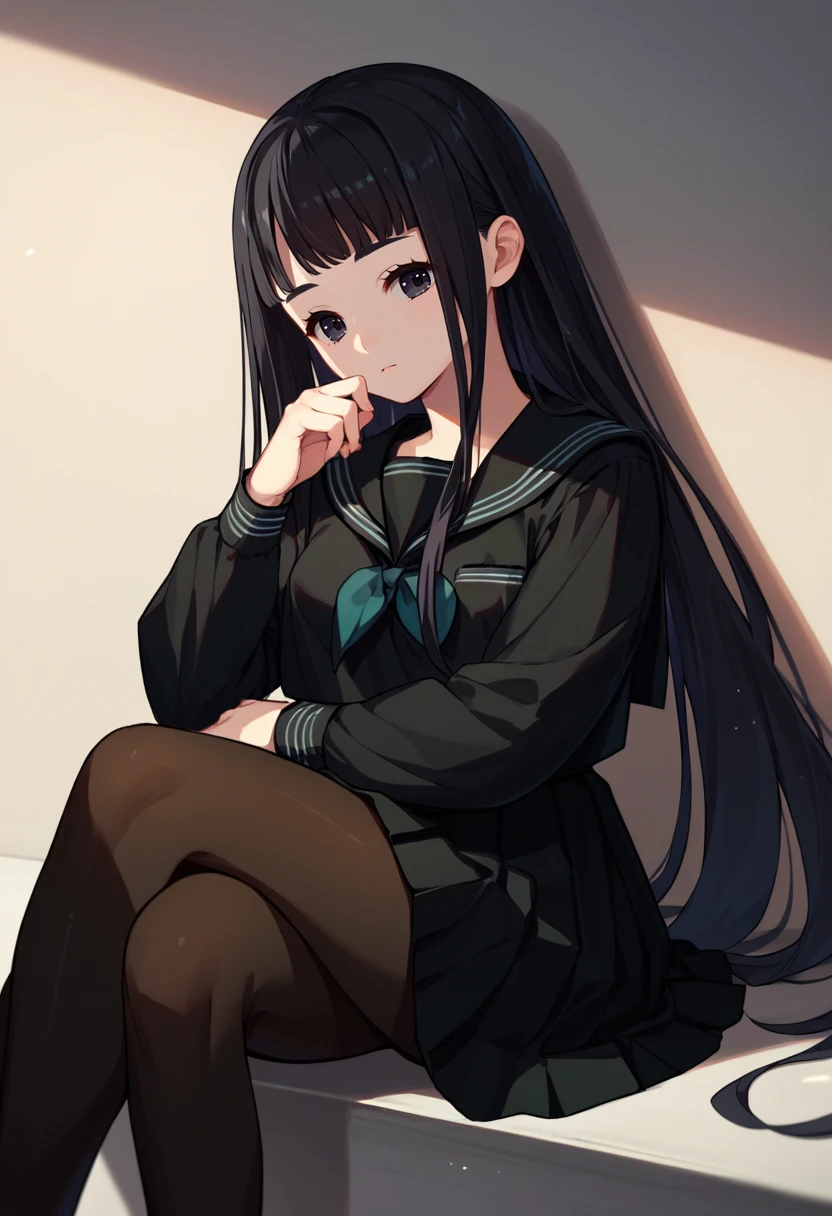 score_9, score_8_up, score_7_up, 1girl, Rinne, necktie, black serafuku, black skirt, black pantyhose, white stripes, long sleeves, black eyes, black hair, crossed legs, sitting, <lora:Rinne FIN 2-000028:1>