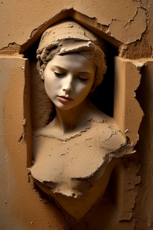 1girl, art work, face, sand, a broken statue, solo, in a broken wall