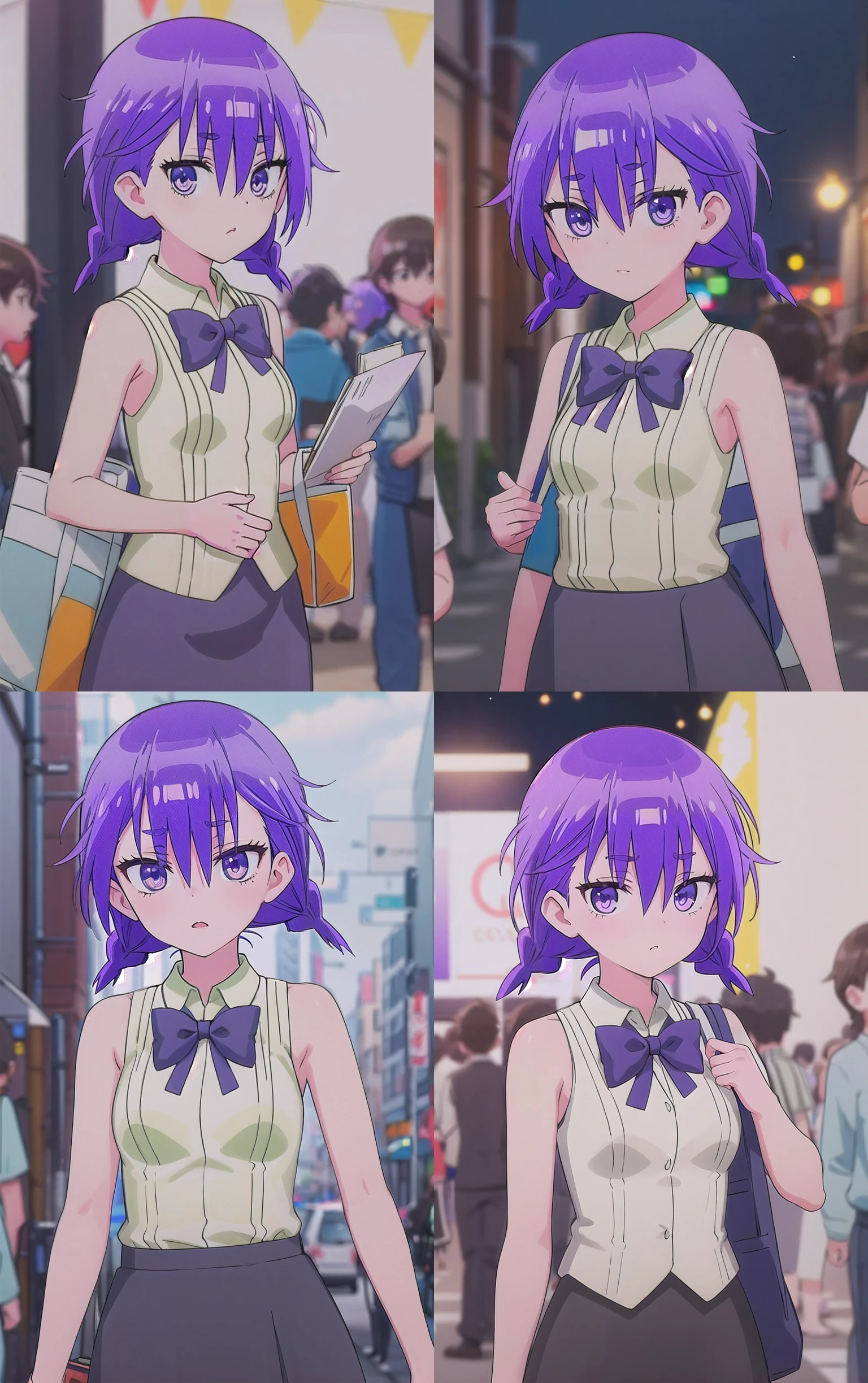 Bowtie_WeNeverLearn_AsumiKominami_ownwaifu,
1girl, purple hair, purple eyes, short hair, twin braids, hair between eyes, twintails, breasts, small breasts, short twintails,
sleeveless shirt, collared shirt, long skirt, purple skirt, purple bowtie, vertical-striped shirt, bare shoulders, vertical stripes,
{<lora:ANIME_WeNeverLearn_AsumiKominami_ownwaifu:1> |<lora:ANIME_WeNeverLearn_AsumiKominami_ownwaifu:0.9> |<lora:ANIME_WeNeverLearn_AsumiKominami_ownwaifu:0.8> |<lora:ANIME_WeNeverLearn_AsumiKominami_ownwaifu:0.7> },
((masterpiece)),((best quality)),(highres), bokeh, depth_of_field, scenery, spotlight, focused, looking at viewer, solo,