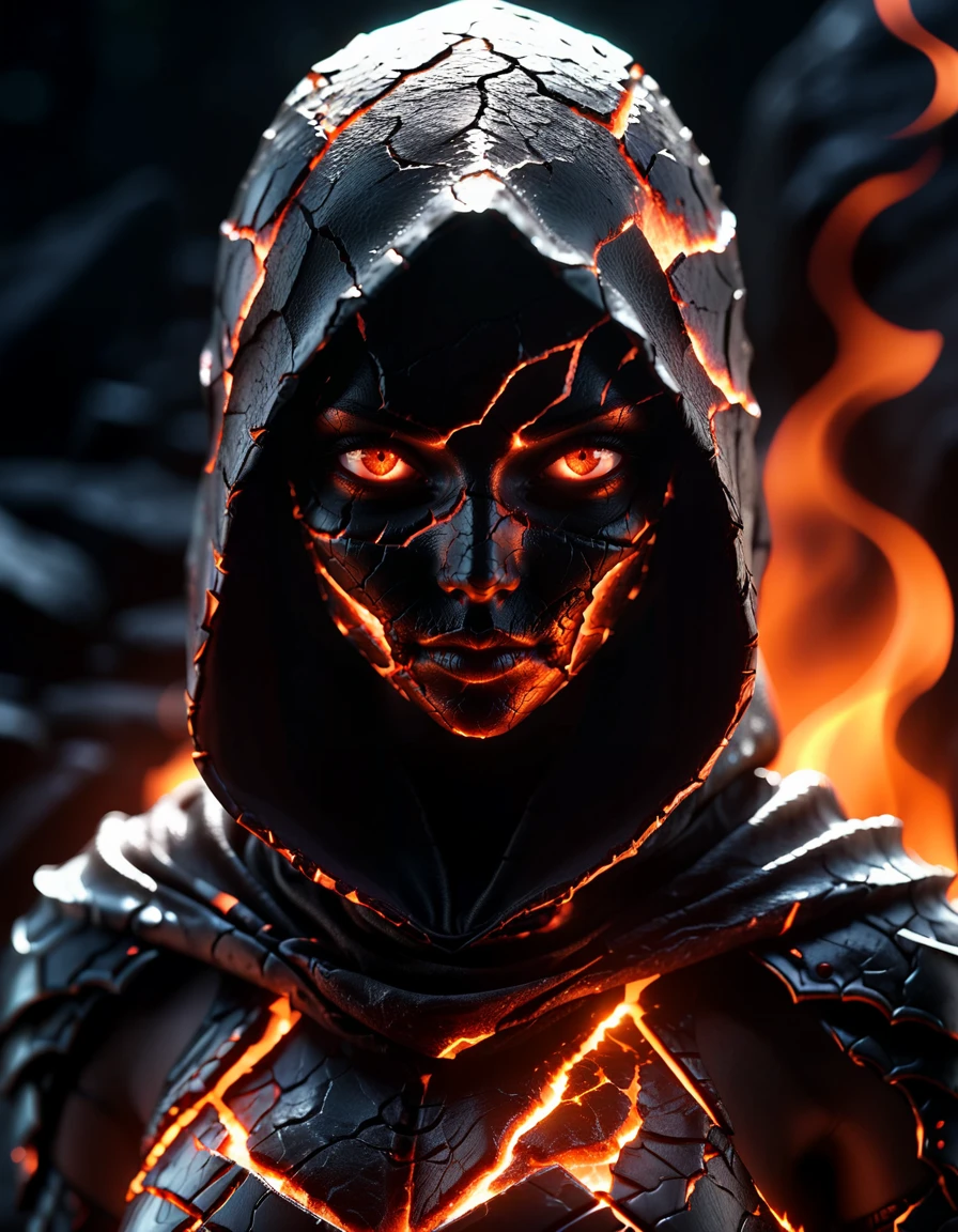 A dark ghostly female silhouette. Divinity of Fire. Cracked skin. light armor. Dark armor. Cracked armor. Canvas hood. Basalt. Lava flow. Seductive and dangerous. Burn inside. Glowing eyes. Bokeh blur <lora:ral-grilled-sdxl:1> made of ral-grilled