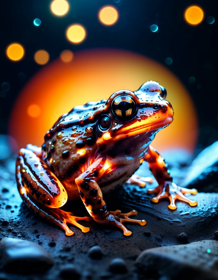 macro photo, a ral-grilled beautiful frog, glowing lights, beautiful magical sparkles, moon dust particulates, vibrant whimsical colors <lora:ral-grilled-sdxl:1>