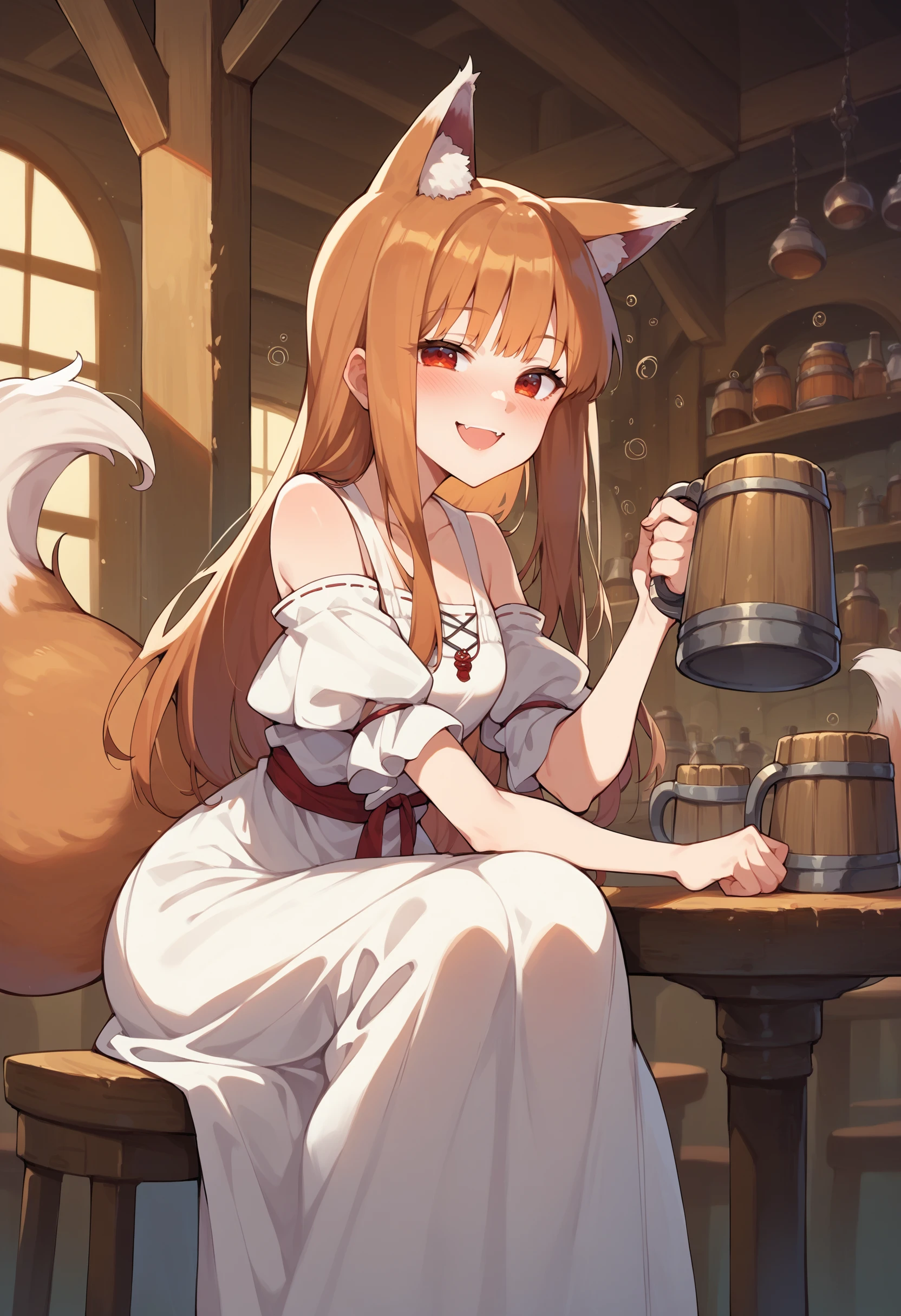 score_9, score_8_up, score_7_up, score_6_up, source anime,
1girl, holo, spice and wolf, fox girl, fox ears, fox tail, white dress, wide smile, tavern, sitting at table, holding a tankard, drunk
, masterpeice, best quality, very aesthetic, absurdres