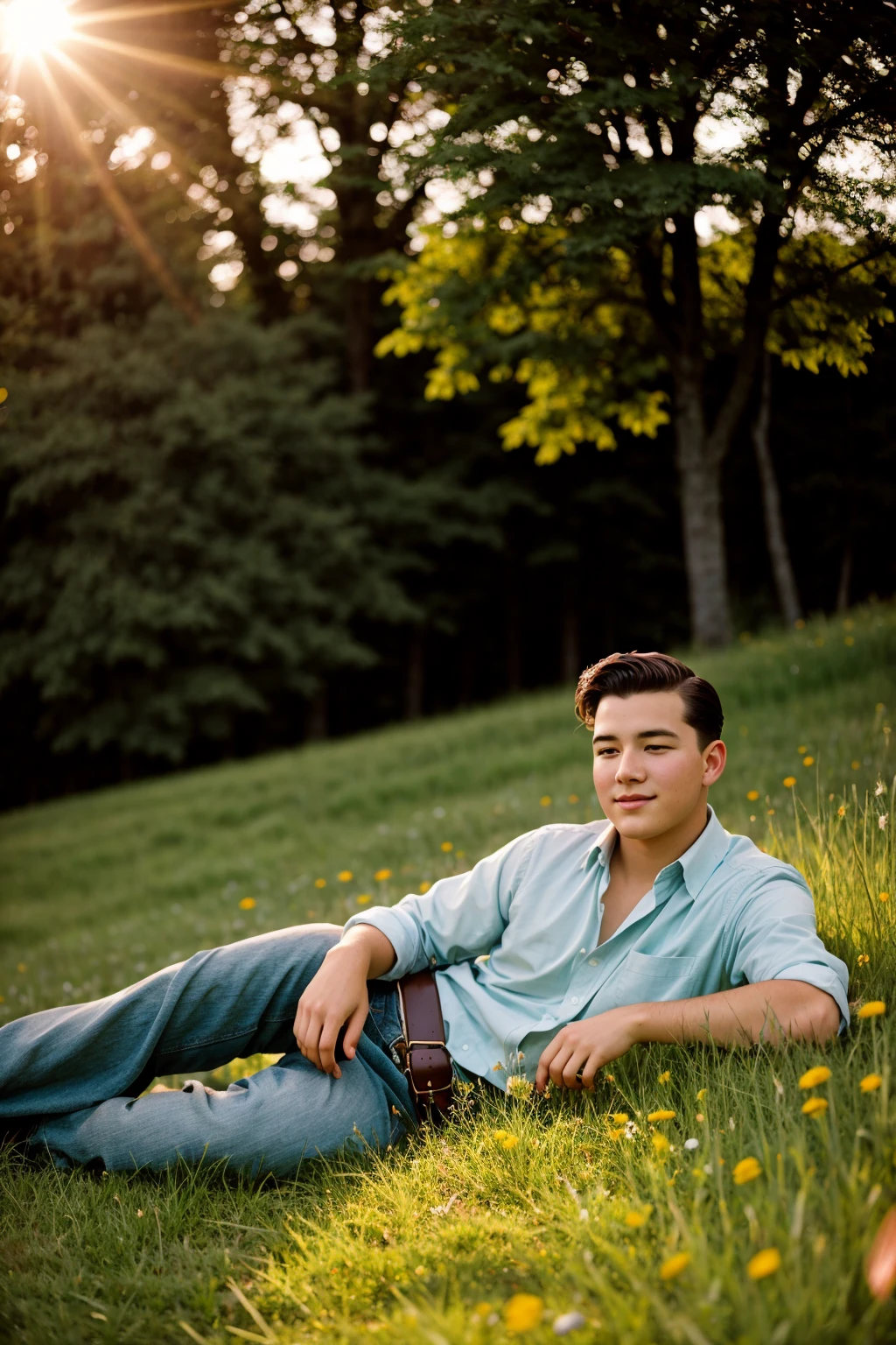 vintage style photo of Medium format film photography, (Young ASI young man lounging in meadow with faithful canine:1.2), Off-center composition, Relaxed posture, Snuggling pet, (Sun-dappled setting:1.3), Lush greenery, Clear skies, Idyllic moment, (Soft sunlight:1.3), Captured with a Leica M6, 50mm f/1.4 lens, Vibrant colors, Candid emotion. Retro, nostalgic, old-fashioned, timeless