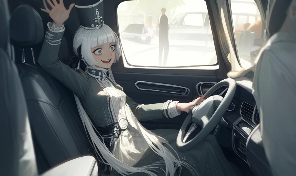 (score_9, score_8_up:1.1), score_7_up, masterpiece, <lora:Charon_Limbus_Model:1>, CharonLimbus, 1girl, solo, long hair, breasts, bangs, long sleeves, hat, dress, ribbon, twintails, sitting, very long hair, white hair, shoes, pants, blunt bangs, black headwear, black ribbon, car, inside the car, sitting at the wheel of the car, crazy smile, crazy eyes, open mouth, upper body, looking at the road, arms outstretched in front, hands on the steering wheel of the car, car interior, car driver, perfect car, solo focus, unrealistic car interior, hand on the gearbox, hand on the lever
