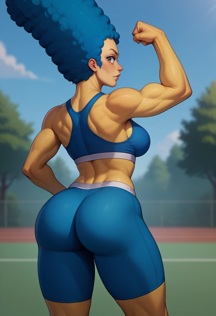 score_9, score_8_up, score_7_up, BREAK <lora:marsim-guy-PONYv1:.9>, marsim, 1girl, solo, breasts, yellow skin, afro, looking back, sports bra, from behind, ass, flexing,