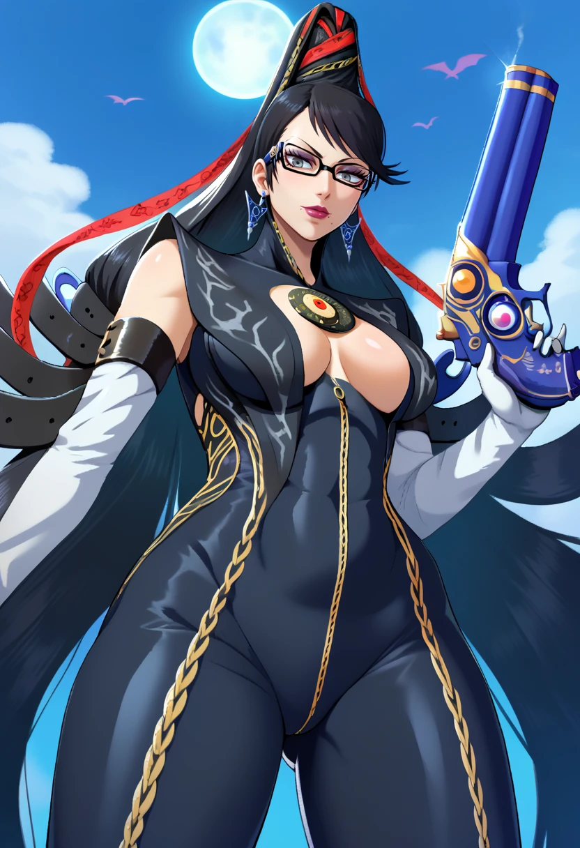 score_9, score_8_up, score_7_up, score_9,4k, HD, 8k, highres, antialiasing, texture,  BREAK   <lora:bayonetta-09:1> BayonettaSDXL, 1girl, solo, long hair, gray eyes, medium breasts, black hair, gloves, ribbon, cleavage, jewelry, very long hair, hair ribbon, pantyhose, earrings, glasses, elbow gloves, mole, lips, gun, clothing cutout, bodysuit, makeup, cleavage cutout, lipstick, mole under mouth, bayonetta, full moon