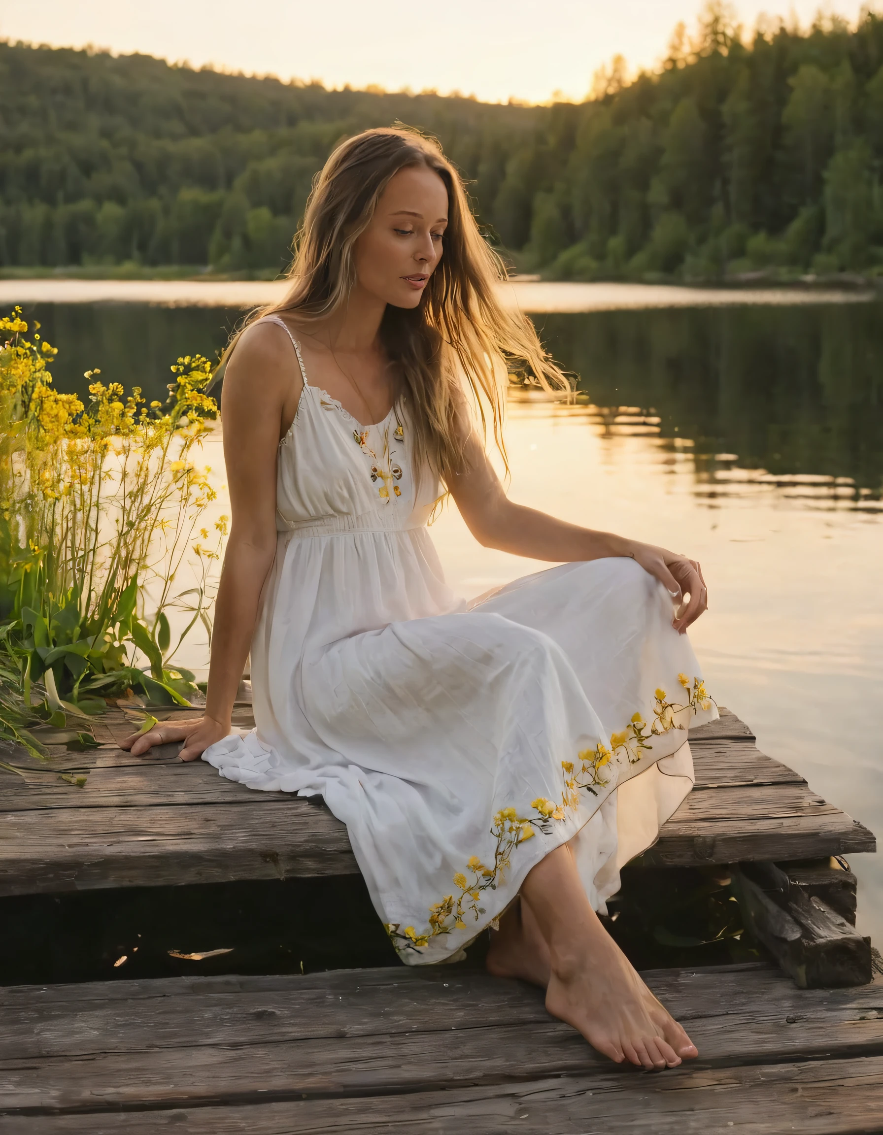 As Renee Amberg sat in solitude on the rustic wooden dock overlooking the calm lake water during the golden hour of a picturesque sunset, she wore a flowing white sundress with tiny yellow flowers embroidered along the hem, creating an atmosphere where one girl was embraced by nature and its gentle serenity. <lora:pyujyy18f5ffae304q135:1>