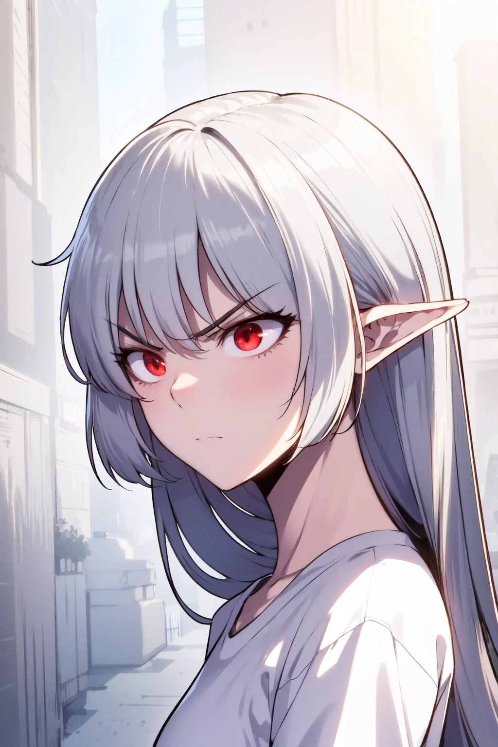 masterpiece, high quality, 1girl, <lora:Alice Von Ataraxia:1> thg-alice, red eyes, white shirt, upper body, portrait, angry, closed mouth, v-shaped eyebrows