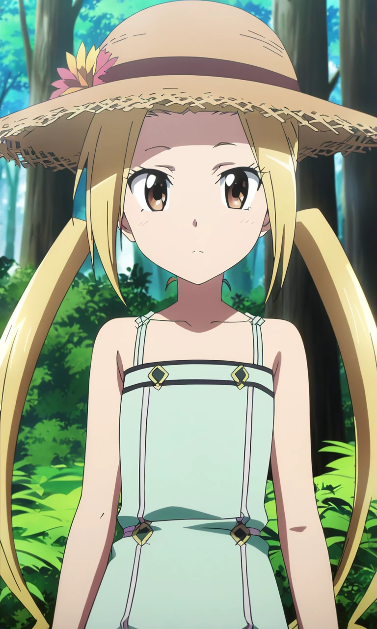 anime artwork hagimura suzu, 1girl, long hair, blonde hair, twintails, brown eyes, petite, flat chested, (straw = hat), forest,masterpiece,best quality,8k highres . anime style, key visual, vibrant, studio anime, highly detailed