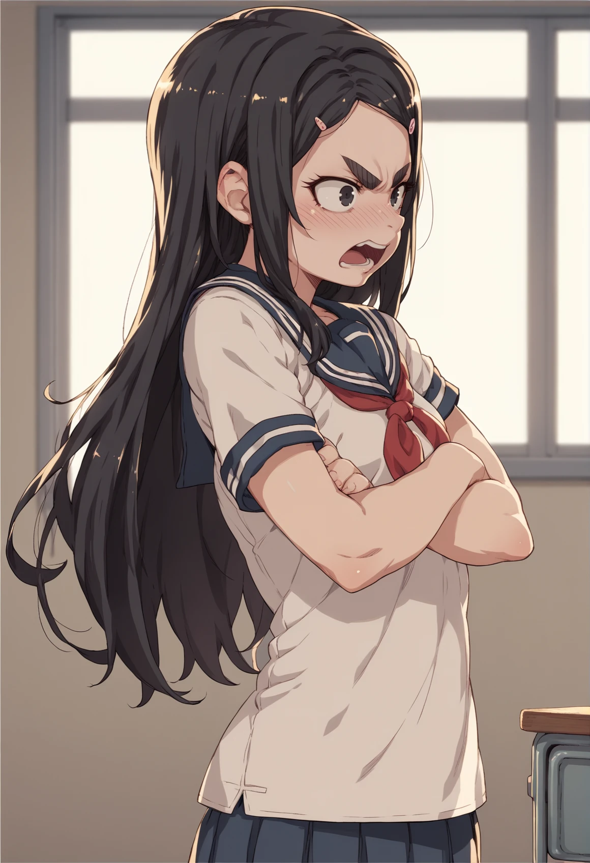 1girl, solo, very long hair, thick eyebrows, black hair, black eyes, hairclip, school uniform, tsundere, blushing, looking to the viewer, indoors, bedroom, open mouth, cowboy shot, crossed arms, from side <lora:Puela:1>, score_9, score_8_up, score_7_up, score_6_up, score_5_up, score_4_up, BREAK source_anime, masterpiece