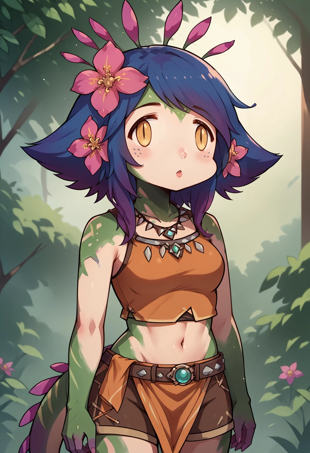 score_9, score_8_up,score_7_up,score_6_up, source_anime,
BREAK
n33ko,
colored skin,green skin,hair ornament,hair flower,multicolored hair,lizard tail, medium breasts,
crop top,midriff,brown shorts,necklace,loin cloth,belt,
fx-face, face_of_the_people_who_sank_all_their_money_into_the_fx_(meme)
<lora:Neeko_potat-v5:1>, <lora:sdxl-fxface-pony:1>