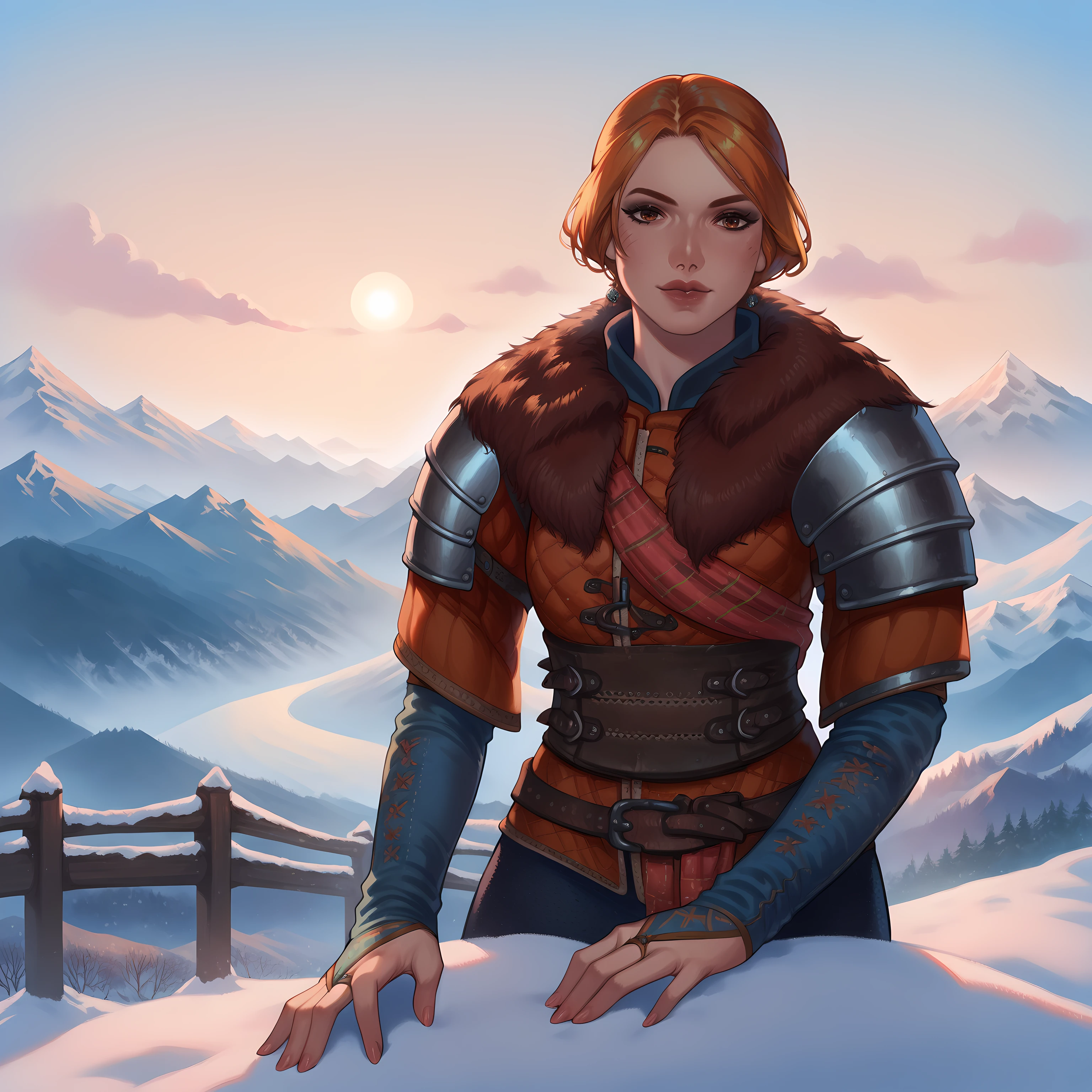 score_9,score_8_up,score_7_up,score_6_up,score_5_up,score_4_up,<lora:Smooth Anime Style LoRA XL (1):1>,<lora:Cerys_Witcher_Pony_XL:1>,cerys,sexy pose,armor,outdoor,mountains,winter,sky,sun,clouds,looking at viewer,brown eyes,