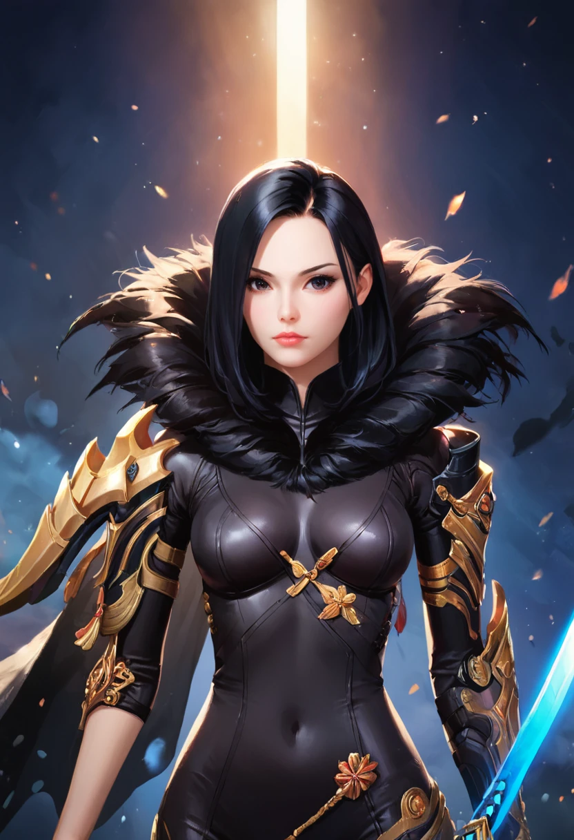PonyXLV6_Scores ,source_anime, original anime style, masterpiece,best quality, highly detailed,<lora:xl_more_art-full_v1:0.8>,cinematic,volumetric light
BREAK
<lora:bns:0.8>jinsoyun, 1girl, weapon, solo, sword, black hair, bodysuit, lips
