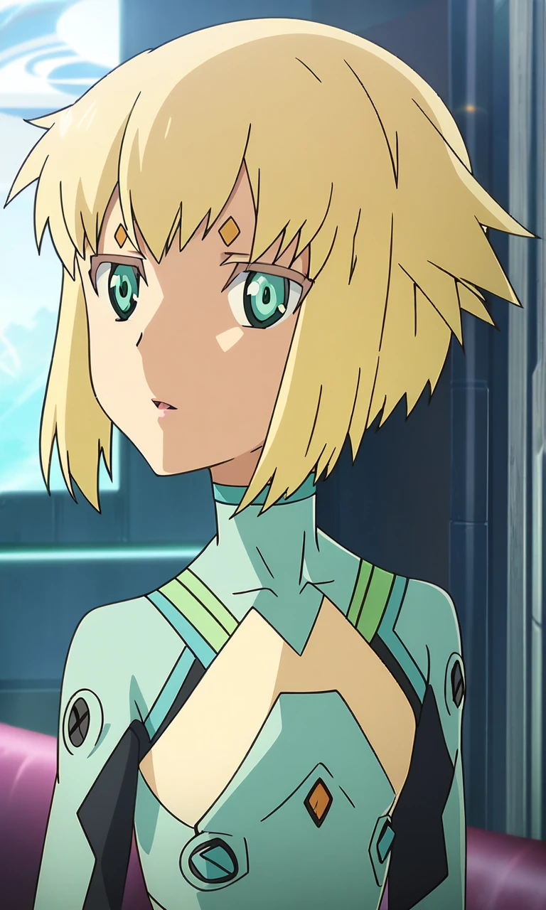 anime artwork juno, 1girl, solo,short hair, blonde hair, lips, green eyes, petite, flat chested,plugsuit,masterpiece,best quality,8k highres,detailed . anime style, key visual, vibrant, studio anime, highly detailed