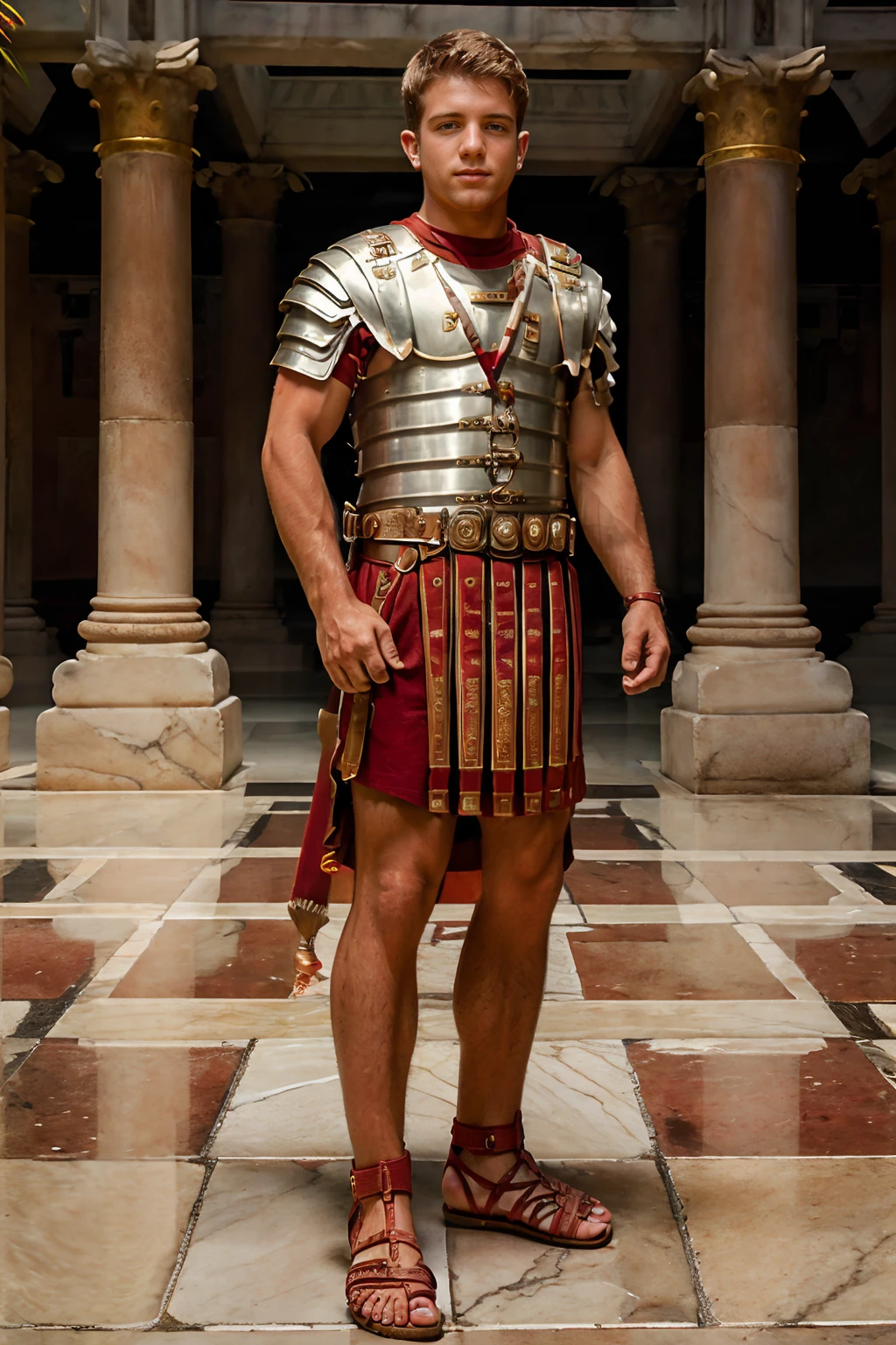 fantrome, portico of a Roman temple, marble floor, SebastianKross is wearing loriseg armor, (red tunic), (red shirt), (sandals), slight smile, masterpiece, (((full body portrait))), (full body), wide angle, highly detailed, sharp focus, high skin detail, ,(high face detail),   <lora:loriseg:0.7>  <lora:fantrome_v3:0.60>  <lora:SebastianKross-v2:0.8>