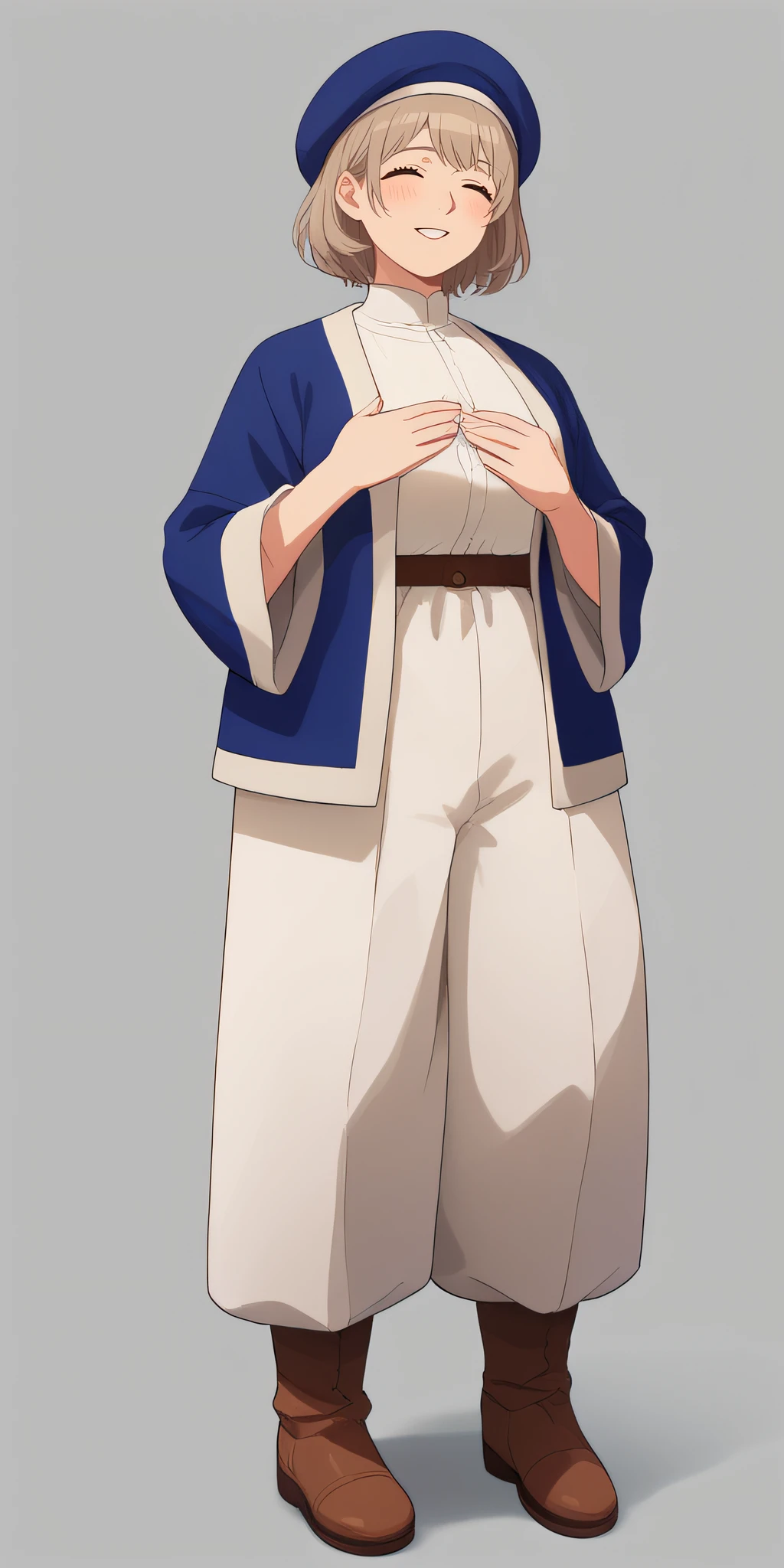 score_9, score_8_up, score_7_up, source_anime, rating_safe, intricate details, anime screencap, official style, 1girl, <lora:Falin_Touden:1>, falin, medium hair, light brown hair, closed eyes, smile, wide sleeves, blue headwear, blue hat, simple background, standing, white dress:1.2, blue jacket, parted lips, blush, open jacket, white neck, white pants, boots, full body, hands on chest, short jacket, mature woman