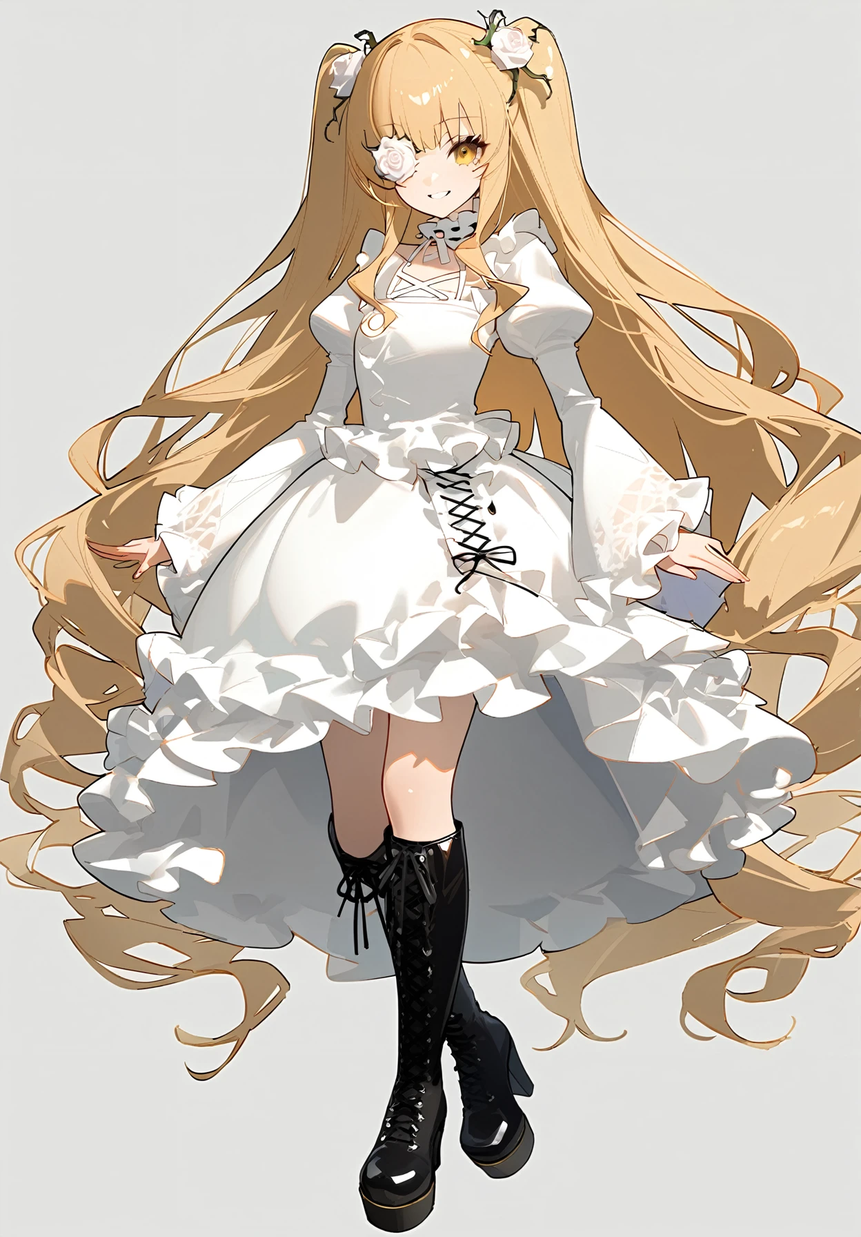 1girl,
kirakishou,
dress, rose, yellow eyes, blonde hair, eyepatch, very long hair, frilled dress, hair ornament, long sleeves, long hair, two side up, cross-laced footwear, sidelocks, high heel boots, puffy sleeves, high heels, white rose, juliet sleeves, frilled sleeves, lace-up boots, frilled choker, choker, 1011ta fashion, boots, frills, gothic 1011ta, full body, wavy hair, white flower, white dress, hair flower, frilled footwear, smile, solo, looking at viewer, flower over eye, flower,
masterpiece, newest, absurdres, safe
<lora:a31_style_koni:1> <lora:2080ti_ag31_kirakishou-000055:1>
