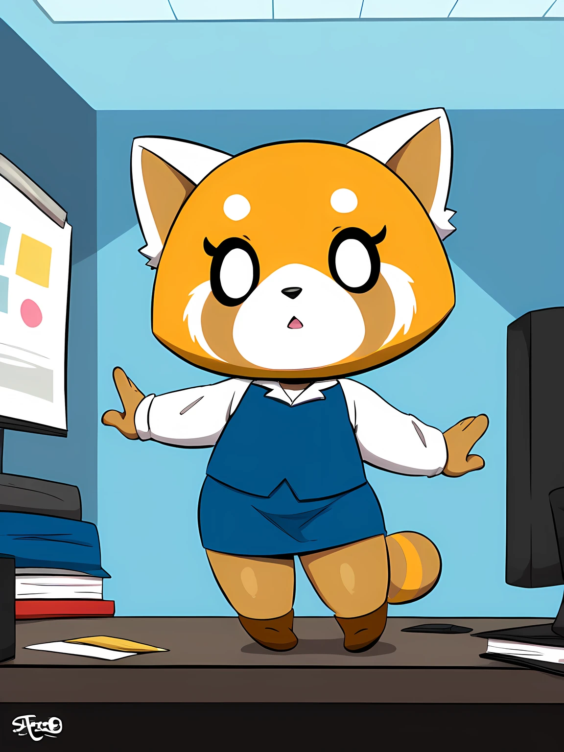 masterpiece, score_9, score_8_up, score_7_up, score_6_up, shiny skin, joao, joaoppereiraus, office, source_furry, source_anime, 2023, detailed face, (absurd res:1.1), hi res, <lora:Joaoppereiraus_Style_Pony_XL:1>, retsuko, dress shirt, black eyes, <lora:retusko:.75>, photo of retusko, huge eyes