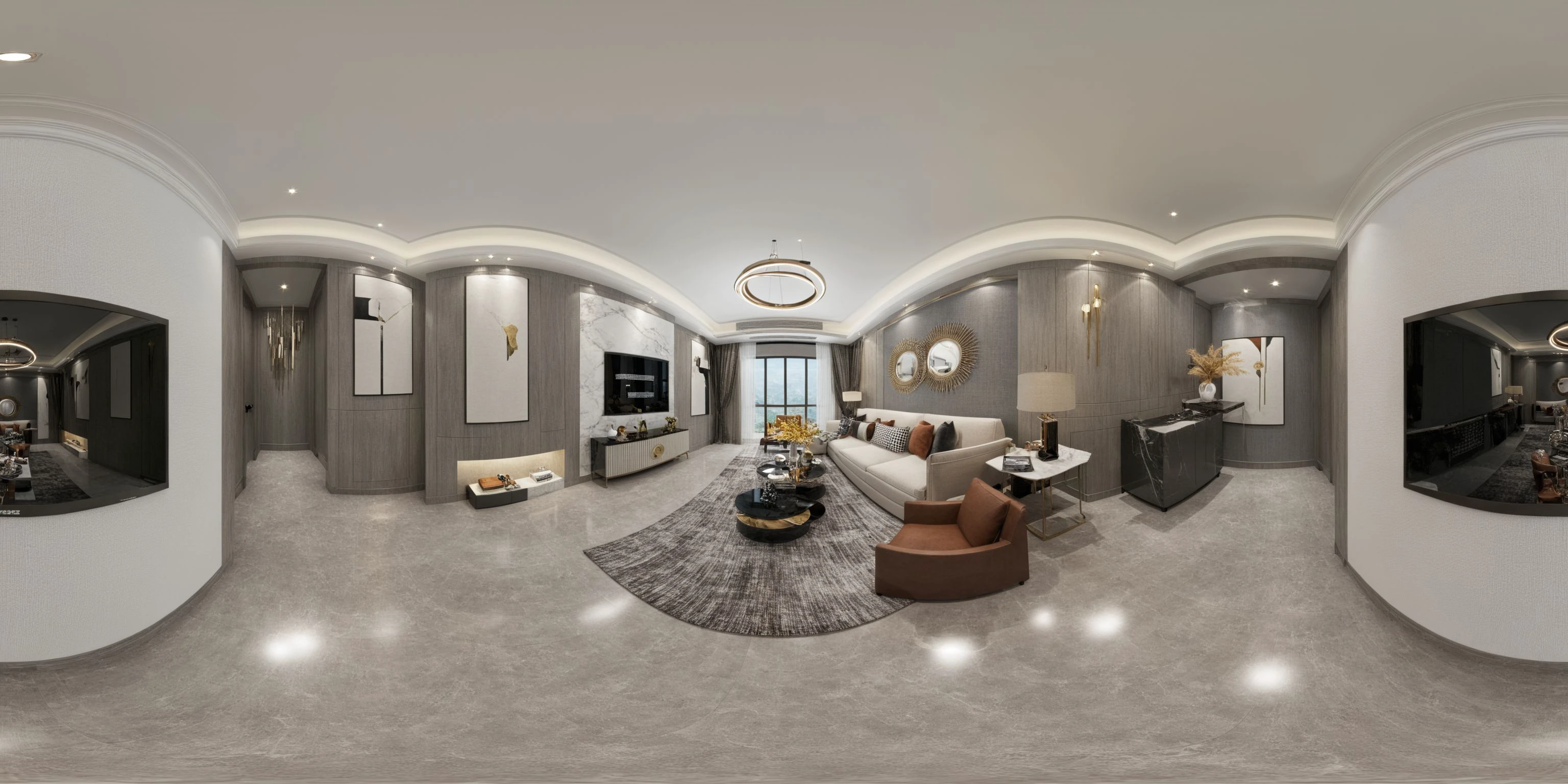 <lora:JJsPanoramicLivingroom_XL:1>, ((Panoramic)), ((livingroom)), ((masterpiece)), ((best quality)), realistic, high detailed, (indoors) , no human, window, curtain, table, rug, sofa, television, ceiling light, (AffordableLuxury),