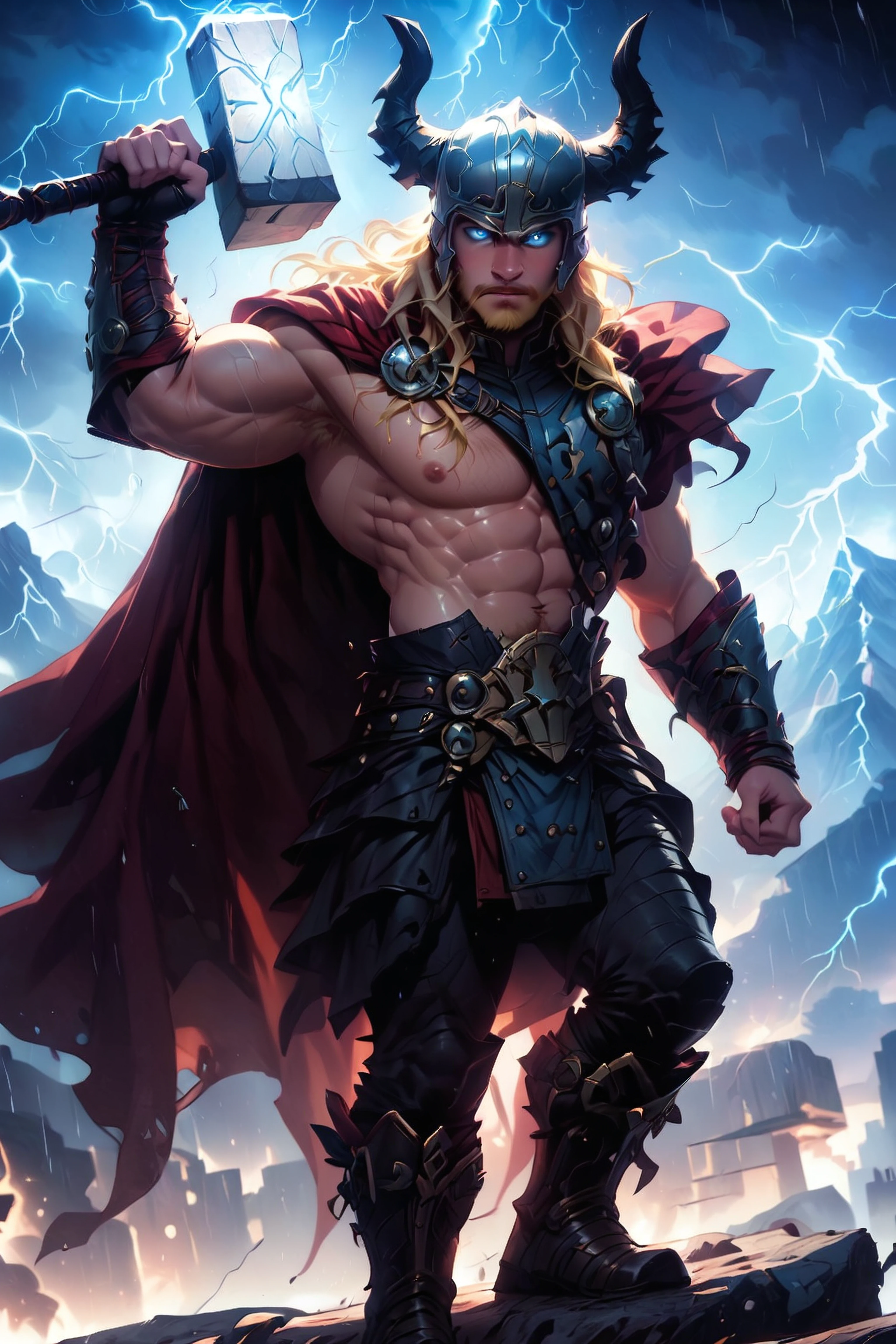 score_9, score_8_up, score_7_up, 8k, very detailed, high detailed texture, depth of field, golden hour, cinematic illumination, volumetric lighting, mountain, standing on a cliff <lora:AIPansen_Thor-000008:0.8>1boy, cape, facial hair, beard, helmet, electricity, lightning, blonde hair, hammer, armor, blue eyes, horns, weapon, rain, glowing, long hair, muscular, glowing eyes, abs, boots, muscular male, fingerless gloves, <lora:Realistic_2.5DAnime_Merge1:0.8> <lora:EnvyPonyPrettyEyes01:0.8> <lora:princess_xl_v2:0.8>