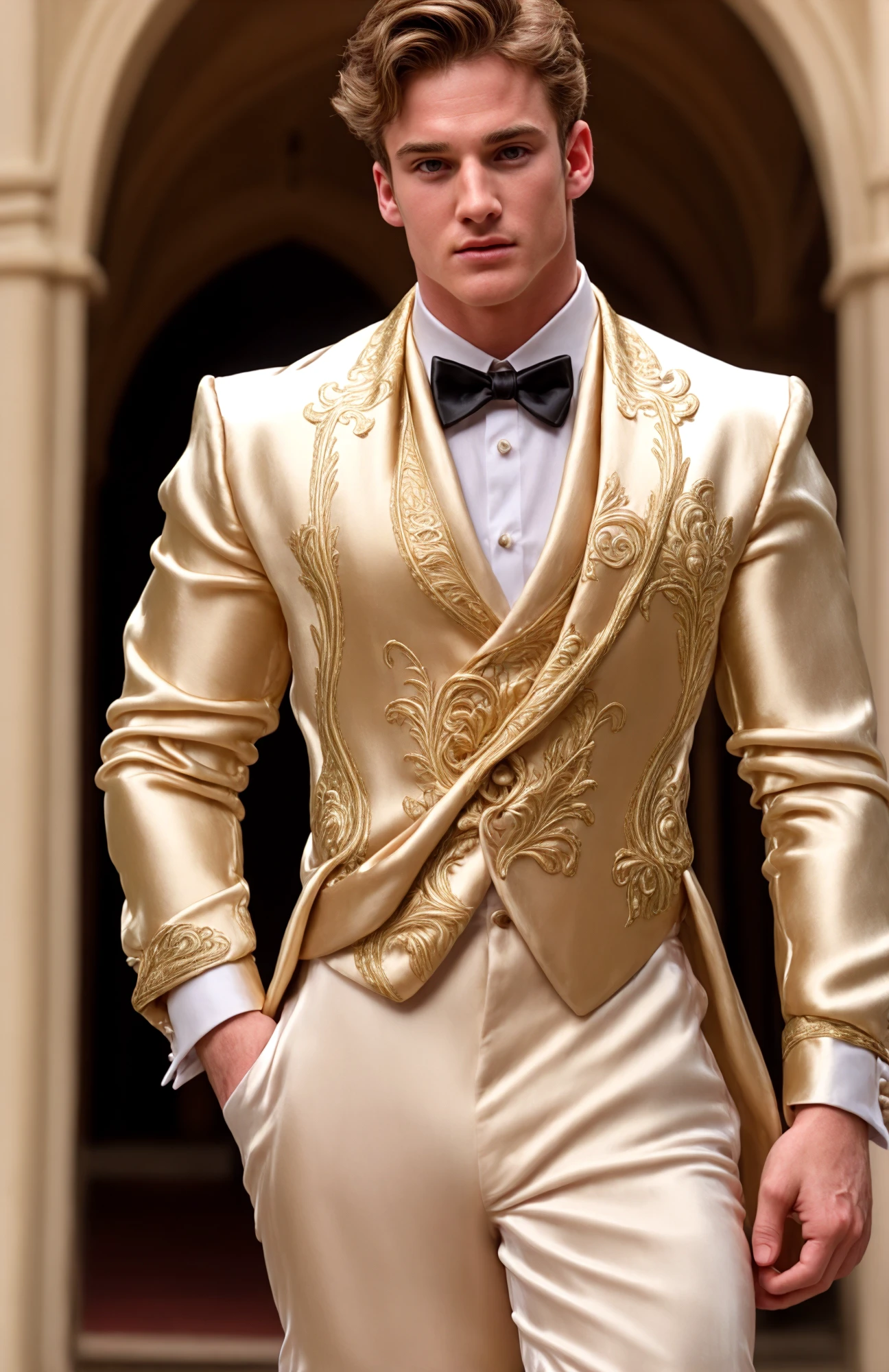 (face focus). (close up shot:0.01), <lora:BulkedUpAIR1.5:0.01>, (masculine:1.4), at outdoor sunny wedding, (muscular man wearing designer ornate silk formal suit:1.2), sexy pose:1.0, confident, handsome, (((masterpiece))), (((best quality))), <lora:more_details:0.25>, (hands on waist), male, athletic, looking at viewer, big pecs:1.2, <lora:BradRenfroActor (1):1.1>, BradRenfroActor