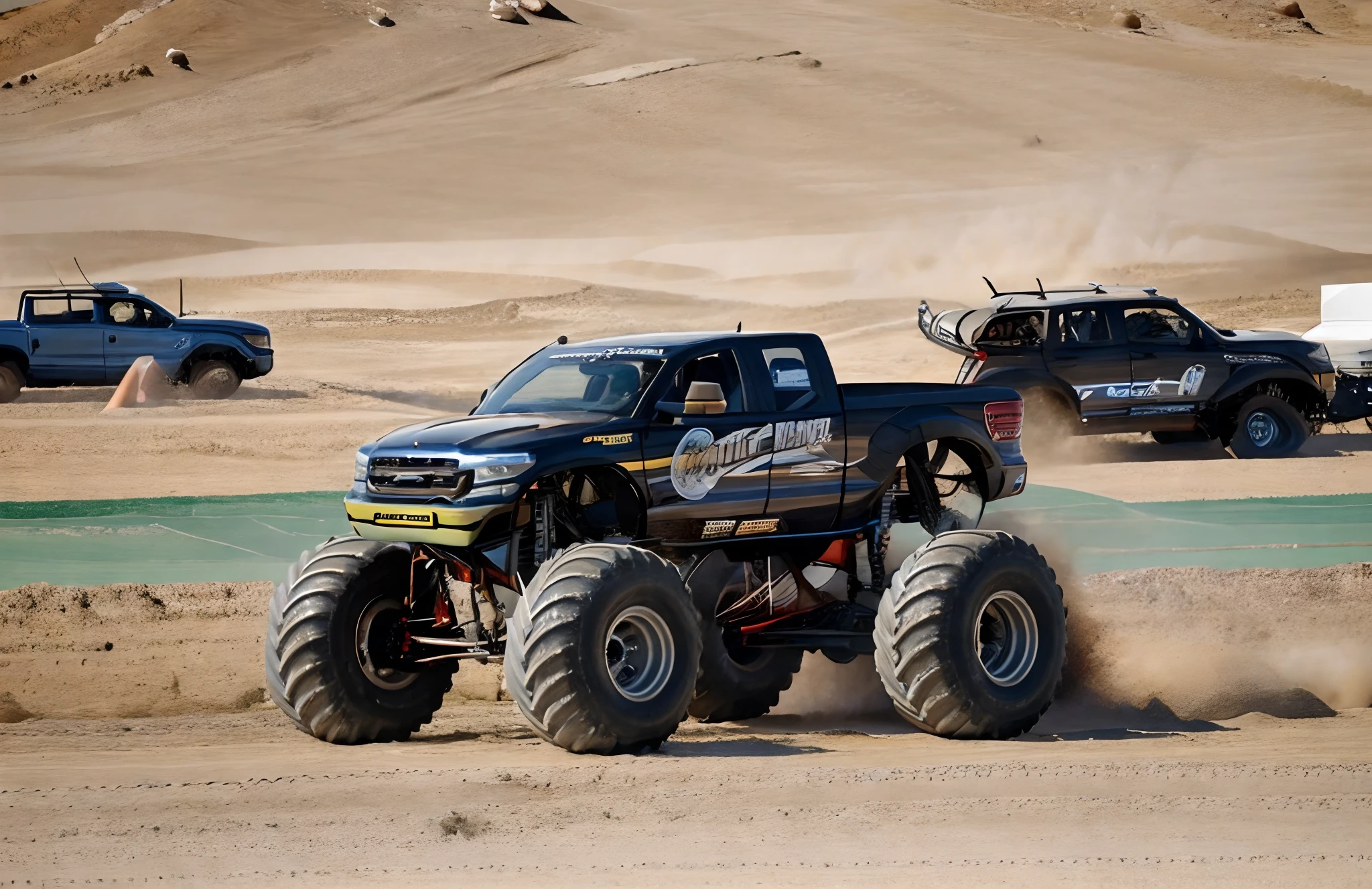 <lora:monster truck:0.8>,a monster truck,motor vehicle,ground vehicle,vehicle focus,car,no humans,truck,4 wheel,tire,english text,