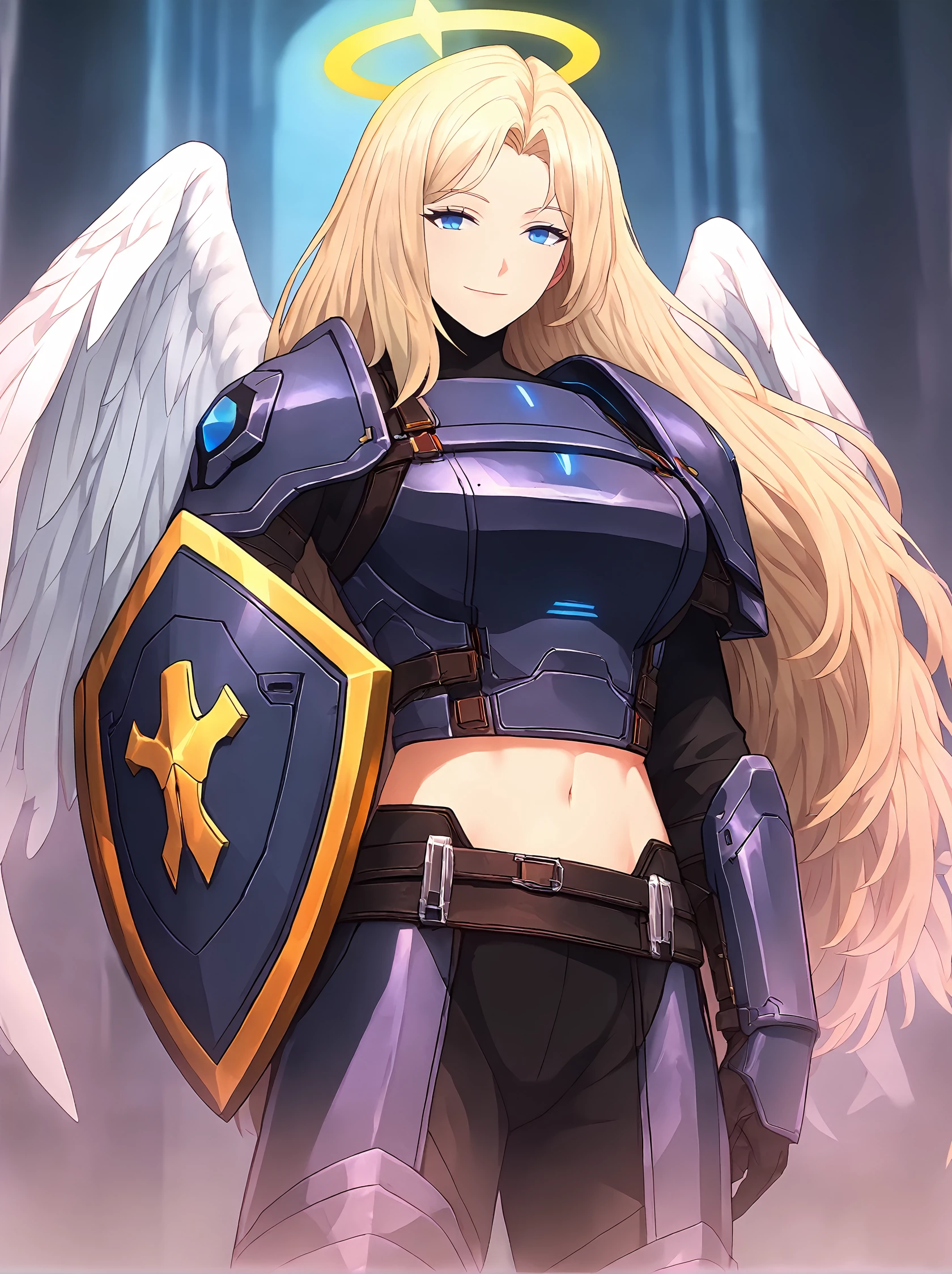 score_9,
<lora:limbus_company_v1_pruned:1>, 
1girl, solo, 
angel, wings, halo, 
platinum blonde hair, blue eyes, long hair, 
large breasts, midriff, armor, science fiction, 
shield, 
cowboy shot, looking at viewer, smile,
high resolution, Masterpiece, detailed