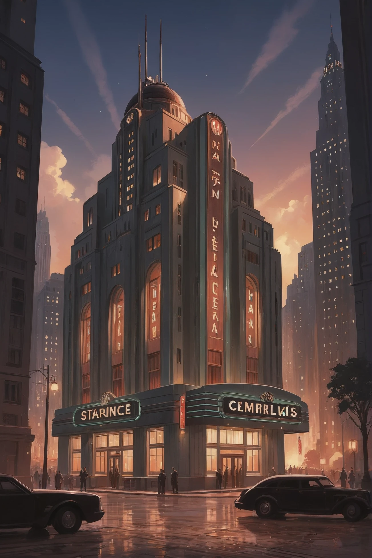 vertical art deco scifi city, streamline moderne noon, scenery, sky Cottagegore great courtroom in a downtown<lora:EnvyStarlightDieselpunk01:1:hr=0>