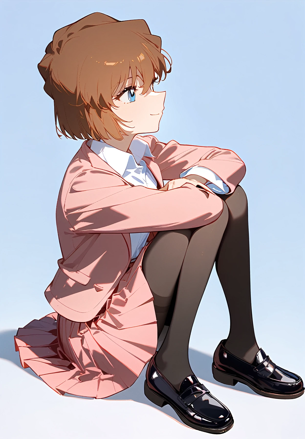 1girl, 
haibara ai, meitantei conan, 
looking down, white shirt, blue eyes, pantyhose, closed mouth, from side, pleated skirt, long sleeves, open jacket, short hair, white background, looking up, brown hair, collared shirt, black pantyhose, sitting, skirt, hair between eyes, pink jacket, pink skirt, brown footwear, blue background, black footwear, loafers, shirt, solo, simple background, full body, jacket, shoes, open clothes, smile, profile, bob cut, 
masterpiece, newest, absurdres, safe
 <lora:2080ti_ag31_haibara_ai-000011:1> <lora:a31_style_koni:1>