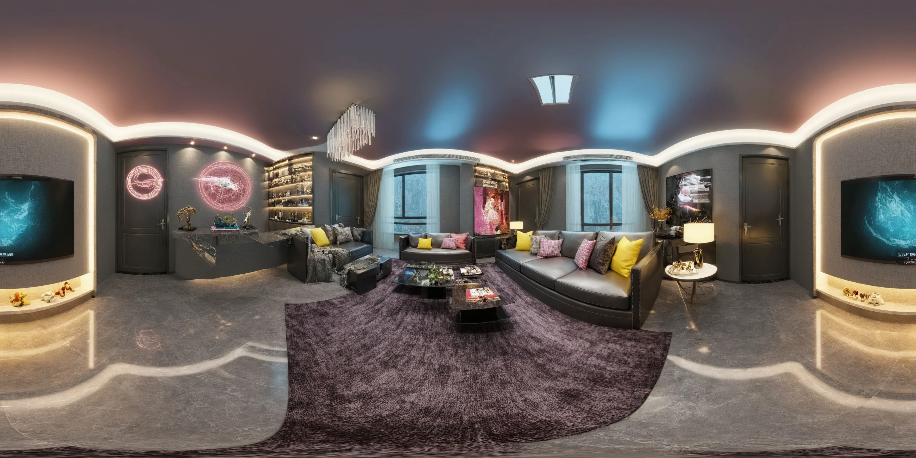 Neon noir <lora:JJsPanoramicLivingroom_XL:1>, ((Panoramic)), ((livingroom)), ((masterpiece)), ((best quality)), realistic, high detailed, (indoors) , no human, window, curtain, table, rug, sofa, television, ceiling light, (modern), . Cyberpunk, dark, rainy streets, neon signs, high contrast, low light, vibrant, highly detailed