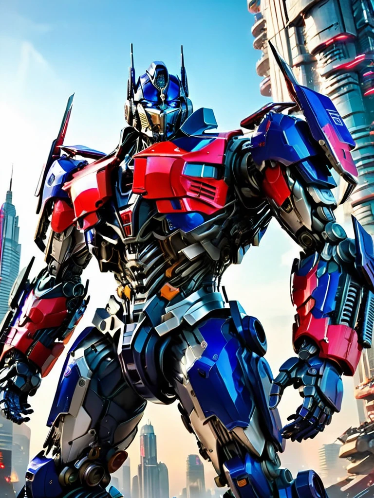 Optimus Prime,cyberhanfu, Cheongsam, cyberpunk city, dynamic pose, Headdress, hair ornament, long hair, cyberpunk, a high-tech city, full of machinery and futuristic element, futurism, technology,robot, mecha, weapon, no humans, science fiction, gun, white background, solo, holding, holding weapon, holding gun, clenched hand, standing, simple background<lora:Optimus Prime_SDXL-000008:0.6>