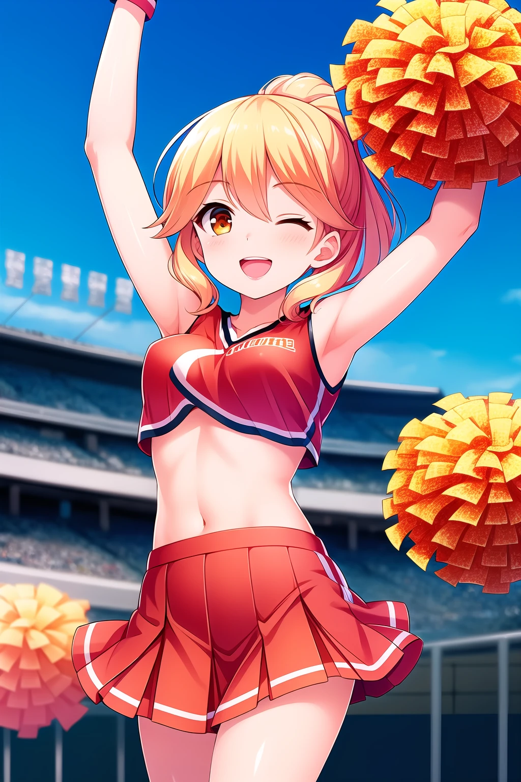 (masterpiece, best quality), highly detailed background, perfect lightingbest quality, ukihashiasuka, solo, outdoors, stadium, cheerleader, blonde hair, ponytail, hair between eyes, medium hair, one eye closed, orange eyes, medium breasts, red shirt, crop top, right arm up, pom pom \(cheerleading\), red skirt, miniskirt, smile, open mouth, ;d, pink lips, <lora:Ukihashi-Asuka:0.7>