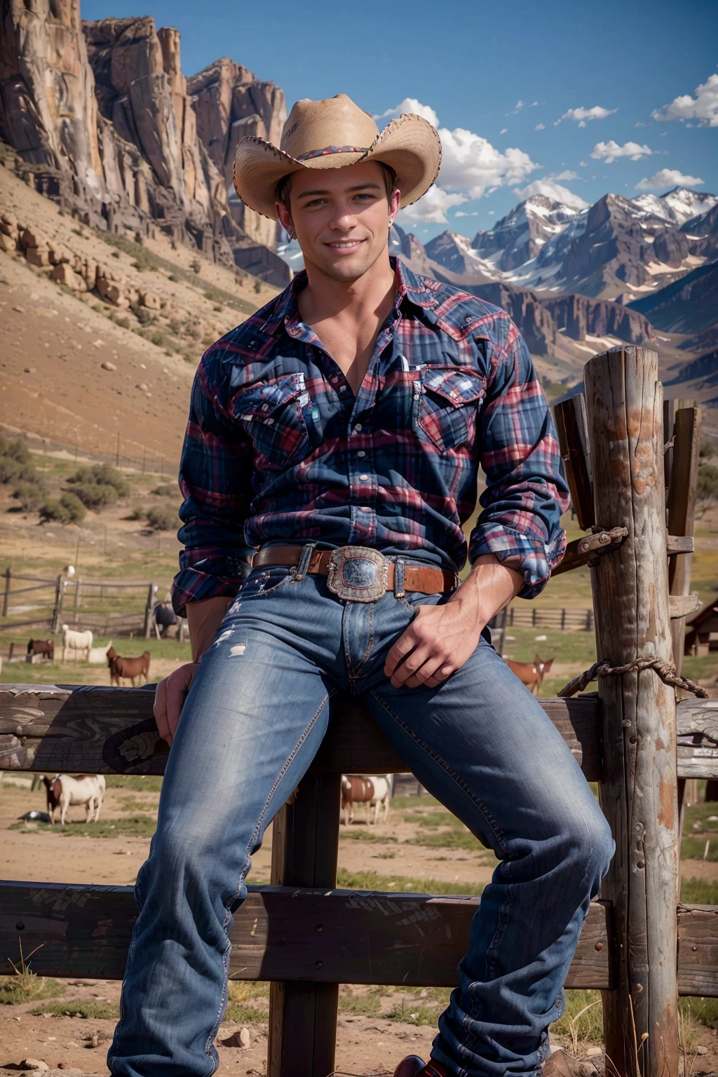 outdoors, (sitting on a corral fence:1.2), mountains in the background, SebastianKross, smiling, sexycowboy, cowboy hat, (red and blue plaid shirt), denim blue jeans, belt, shiny silver belt buckle, (((full body portrait))), wide angle,  <lora:Clothing - Sexy Cowboy:0.45>  <lora:SebastianKross-v2:0.8>