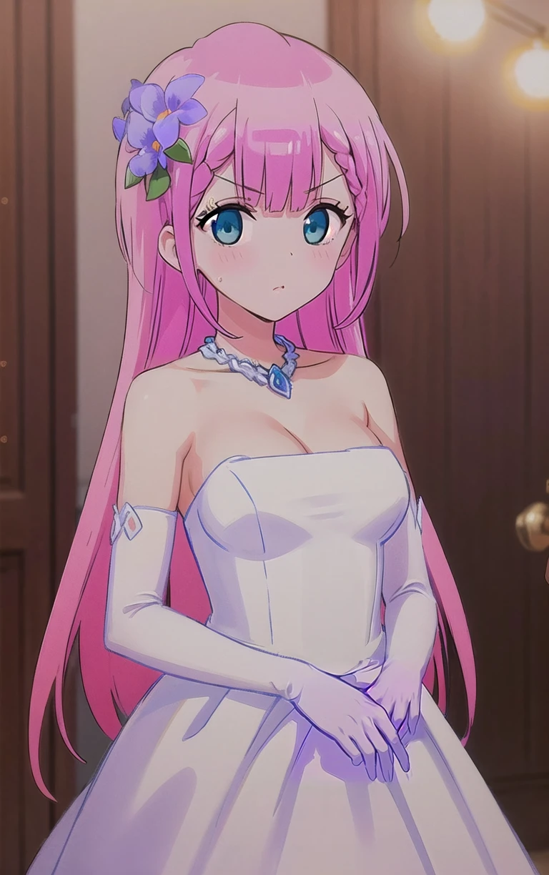 WeddingDress_WeNeverLearn_MafuyuKirisu_ownwaifu,
1girl, pink hair, blue eyes, long hair, bangs, breasts, hair ornament, medium breasts, hair flower, necklace, very long hair, 
wedding dress, white dress, bare shoulders, white gloves, elbow gloves, cleavage, bride,
<lora:ANIME_WeNeverLearn_MafuyuKirisu_ownwaifu:0.7> ,
((masterpiece)),((best quality)),(highres), bokeh, depth_of_field, scenery, spotlight, focused, looking at viewer, solo, cowboy shot,