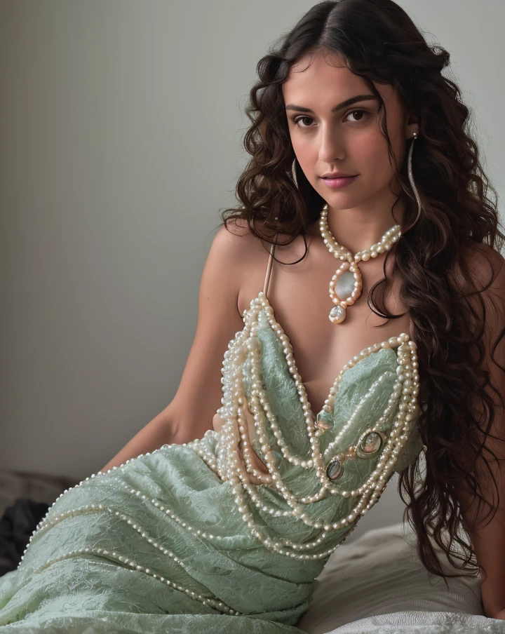RAW photo, subject, 8k uhd, dslr, soft lighting, high quality, film grain, Fujifilm XT3, professional photo, (detailed skin:1.3), high quality, <lora:Sirencore-000006:0.75> , sirencore, dark, (sirencore scene), shell, dark hair, wavy hair, green eyes, sirencore portrait, sirencore fashion, full body, jewelry, pearl necklace,