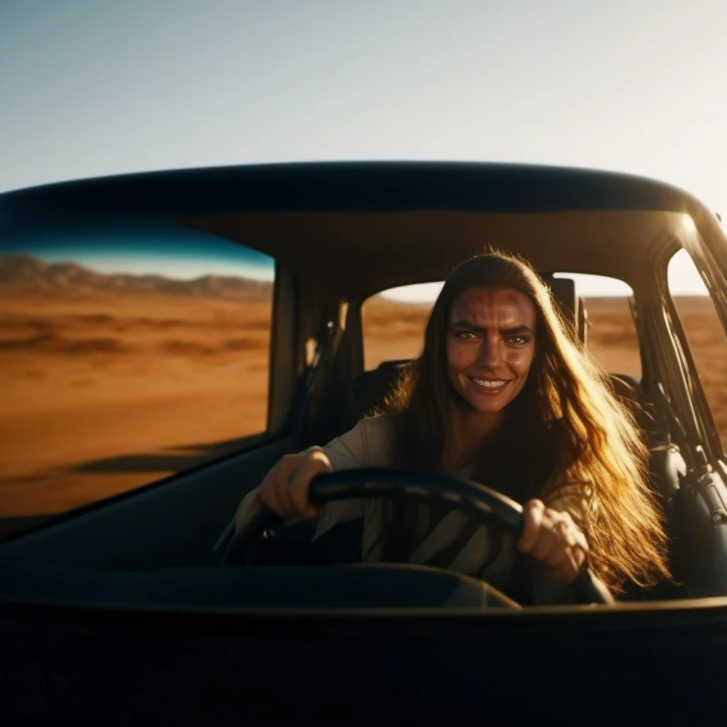 cinematic photo a woman with long hair ,  smiles and drives in the desert <lora:Furiosa1024:0.9> . 35mm photograph, film, bokeh, professional, 4k, highly detailed