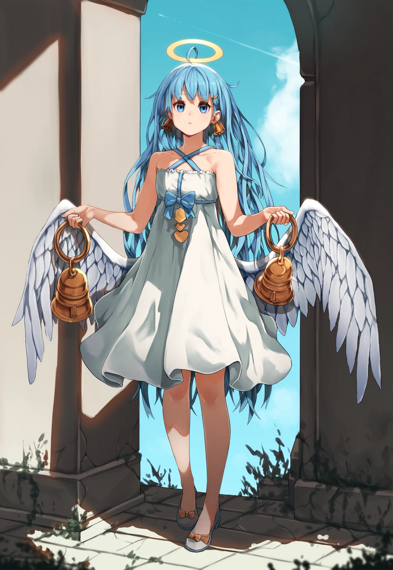 asanagi, (score_9, score_8_up, score_7_up, :1.2) detailed, highres, absurdres, a girl standing outdoors, 1girl, outdoors, solo, standing, looking at viewer, pose, hands, full body,holding, holding bell,
halo, blue eyes, blue hair, long hair, wings, bell, dress, angel,white dress, hair ornament, sundress, bare shoulders, angel wings, jewelry, very long hair, blue sky, feathered wings, earrings, jingle bell, sleeveless, ahoge, hairclip, sleeveless dress, ribbon, bow, flat chest, bare arms,
rating_safe <lora:sdxl_asanagi_v1:0.4> <lora:BellringerPonyTest:0.8>