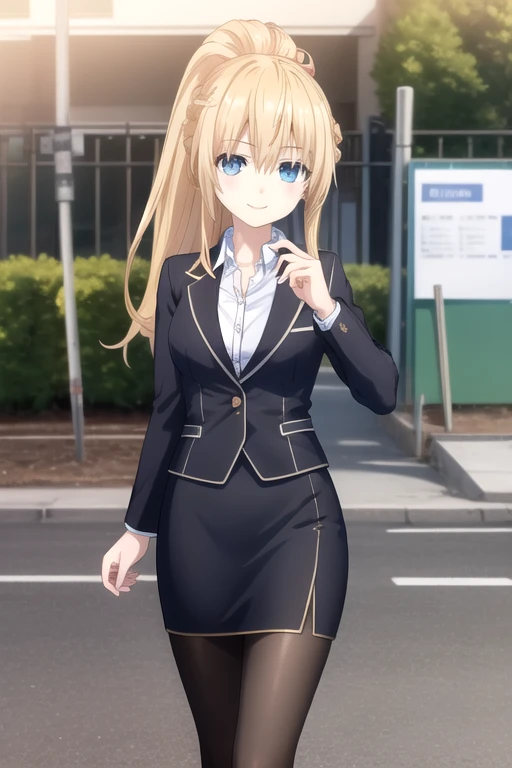 ((masterpiece)),(best quality),official art,extremely delicate and beautiful,extremely detailed CG,unity 8k wallpaper,ultra detailed,beautiful detailed eyes,extremely detailed face,outdoors,1girl,solo,cowboy shot,looking at viewer,facing viewer,smile,Artemesia Bell Ashcroft,long hair,blonde hair,high ponytail,braid,sidelocks,hair between eyes,bangs,blue eyes,school uniform,black jacket,white shirt,collared shirt,medium breasts,long sleeves,pencil skirt,black pantyhose,high heels,black footwear,<lora:Artemesia Bell Ashcroft(dal)>,<lora:TSNeptunia-000045:0.5>,